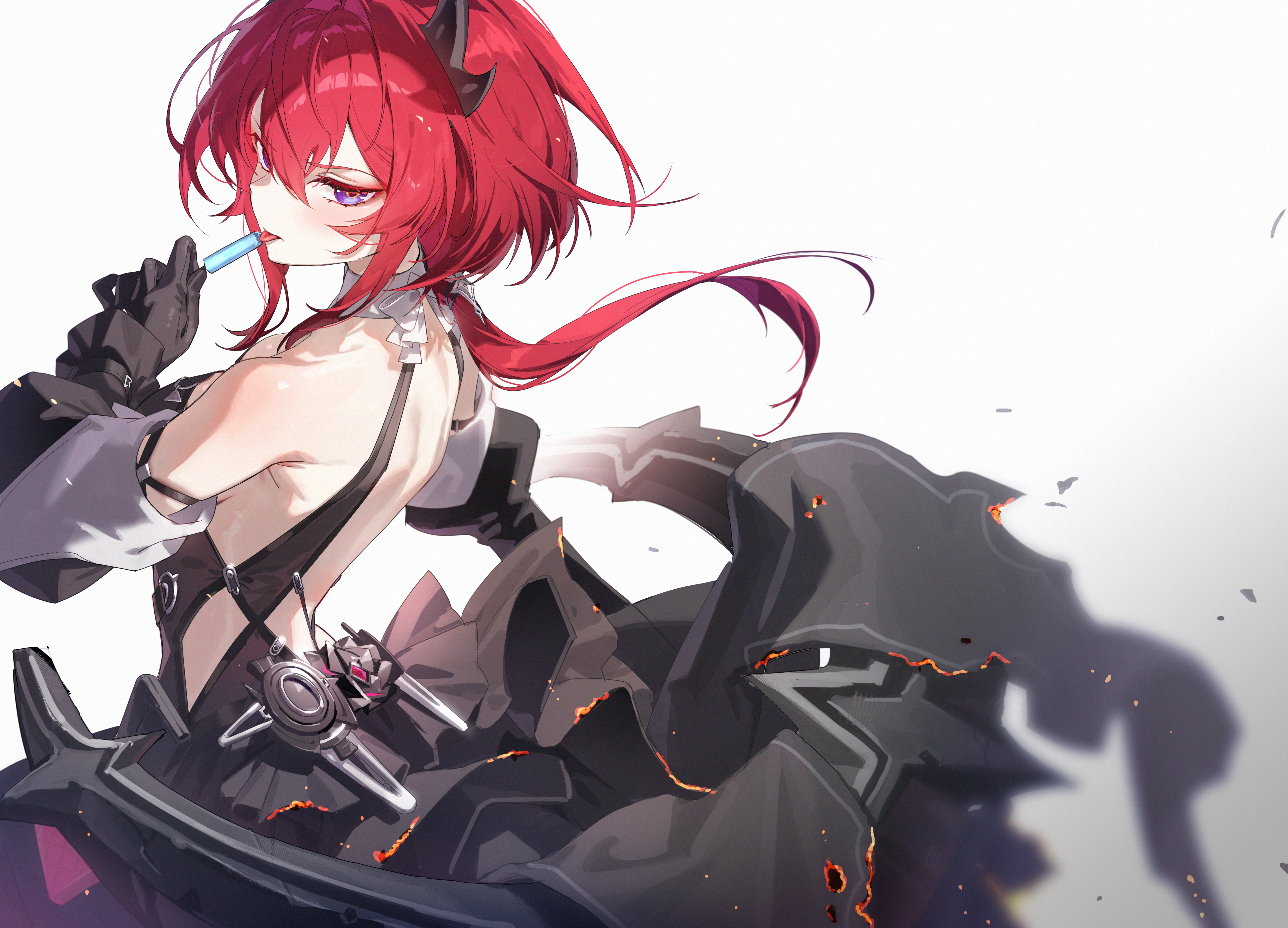 nabezuru, laevatein (arknights), surtr (arknights), arknights, arknights: endfield, absurdres, commentary request, highres, 1girl, backless dress, backless outfit, bare shoulders, black dress, black gloves, black horns, breasts, cowboy shot, detached sleeves, dress, food, from behind, gloves, hair intakes, holding, holding food, holding popsicle, horns, looking at viewer, looking back, medium breasts, medium hair, popsicle, purple eyes, red hair, simple background, sleeveless, sleeveless dress, solo, tongue, tongue out, white background