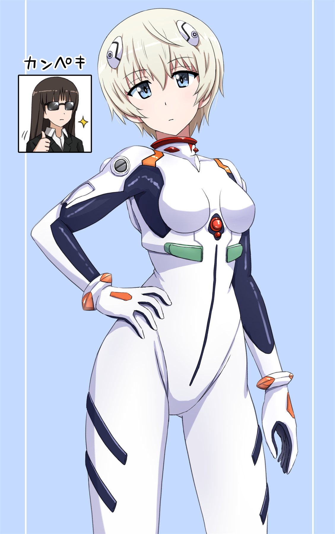 omachi (slabco), ayanami rei, nishizumi shiho, youko (girls und panzer), girls und panzer, commentary request, highres, 2girls, ayanami rei (cosplay), blue background, blue eyes, bodysuit, breasts, brown hair, cosplay, cowboy shot, formal clothes, glasses, interface headset (evangelion), long hair, looking at viewer, mecha pilot suit, multiple girls, plugsuit (evangelion), short hair, small breasts, smile, suit, white bodysuit