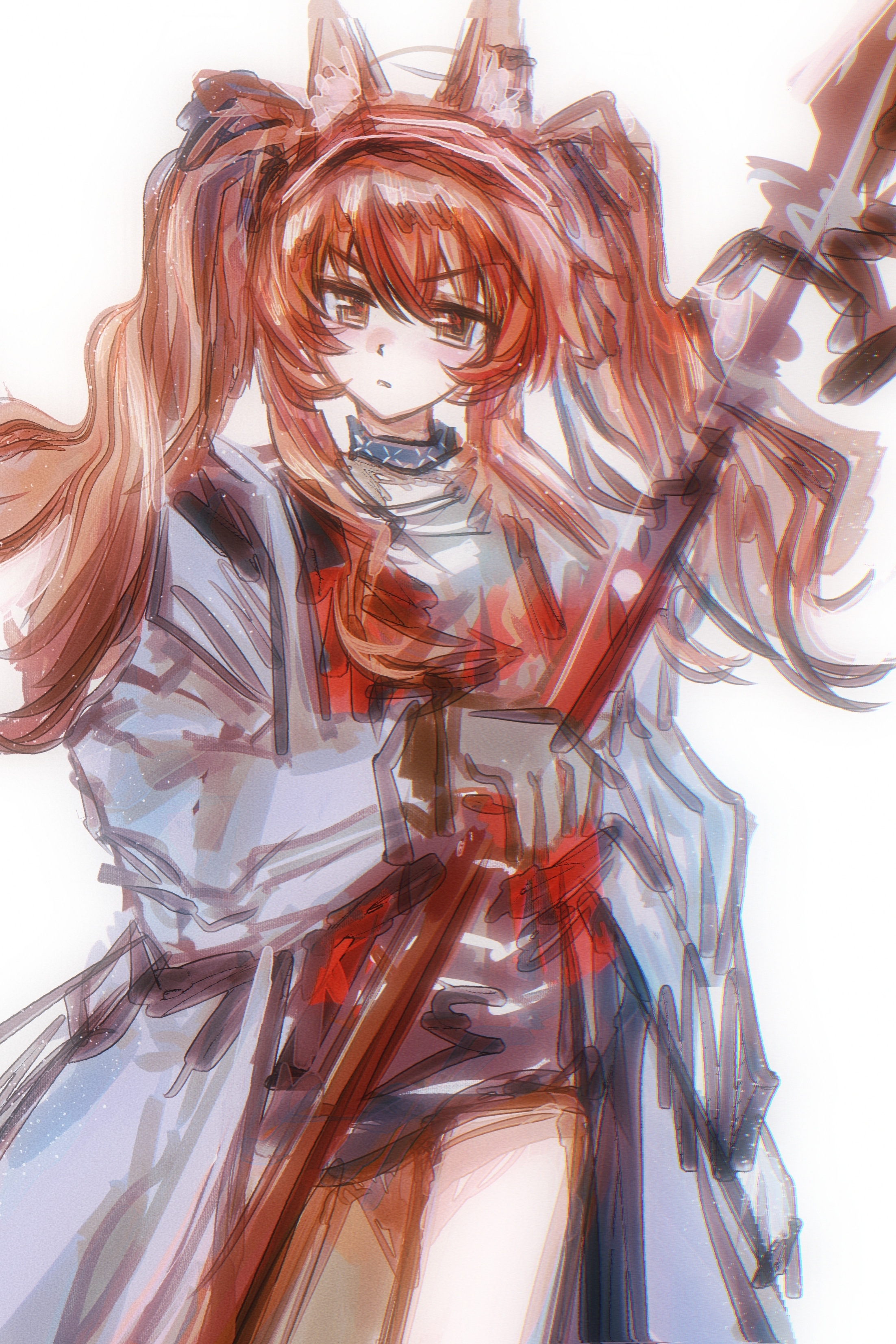 angelina (arknights), infection monitor (arknights), arknights, absurdres, highres, 1girl, animal ears, black collar, black gloves, black shirt, black shorts, brown eyes, brown hair, coat, collar, cowboy shot, dot nose, earpiece, fox ears, fox girl, gloves, hair between eyes, hairband, holding, holding staff, jacket, light particles, long hair, long sleeves, multicolored hairband, open clothes, open coat, open jacket, parted lips, red hairband, red jacket, shirt, short shorts, shorts, simple background, solo, square eyes, staff, striped clothes, striped hairband, twintails, two-tone hairband, white background, white coat, xiankelai158