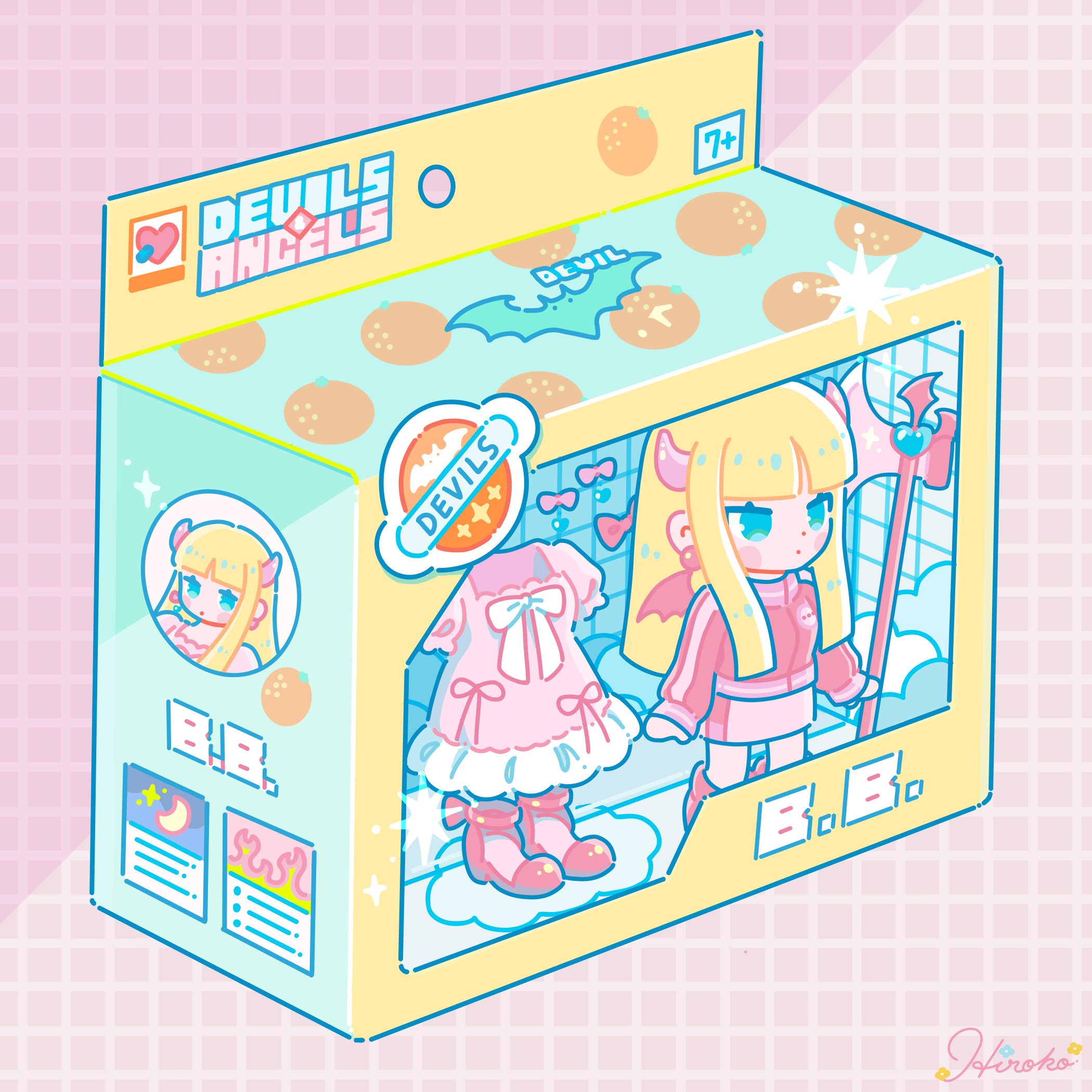 hiro046k, original, commentary, english commentary, highres, 1girl, action figure, blonde hair, blue eyes, blunt bangs, blunt ends, blunt sidelocks, blush stickers, box, chibi, chibi only, closed mouth, dot nose, dress, frilled dress, frills, full body, grid background, horns, in box, in container, jacket, long hair, long sidelocks, long sleeves, pink background, pink horns, pink skirt, red jacket, red shoes, shoes, short sleeves, sidelocks, signature, skirt, solo, standing, track jacket, unworn dress