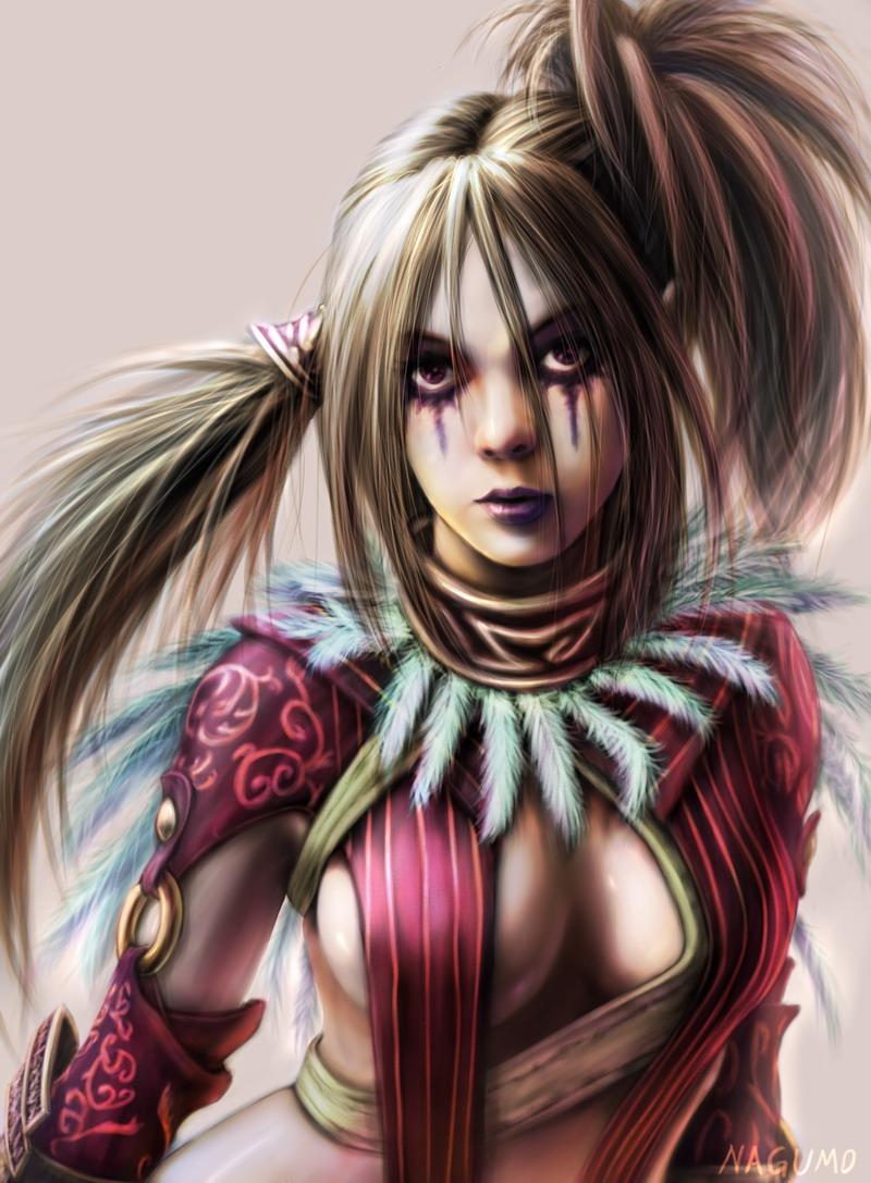 nagumo (qmzp10), tira (soulcalibur), soul calibur, soulcalibur, soulcalibur iv, 1girl, black hair, breasts, feathers, female focus, lips, makeup, purple eyes, simple background, solo, twintails