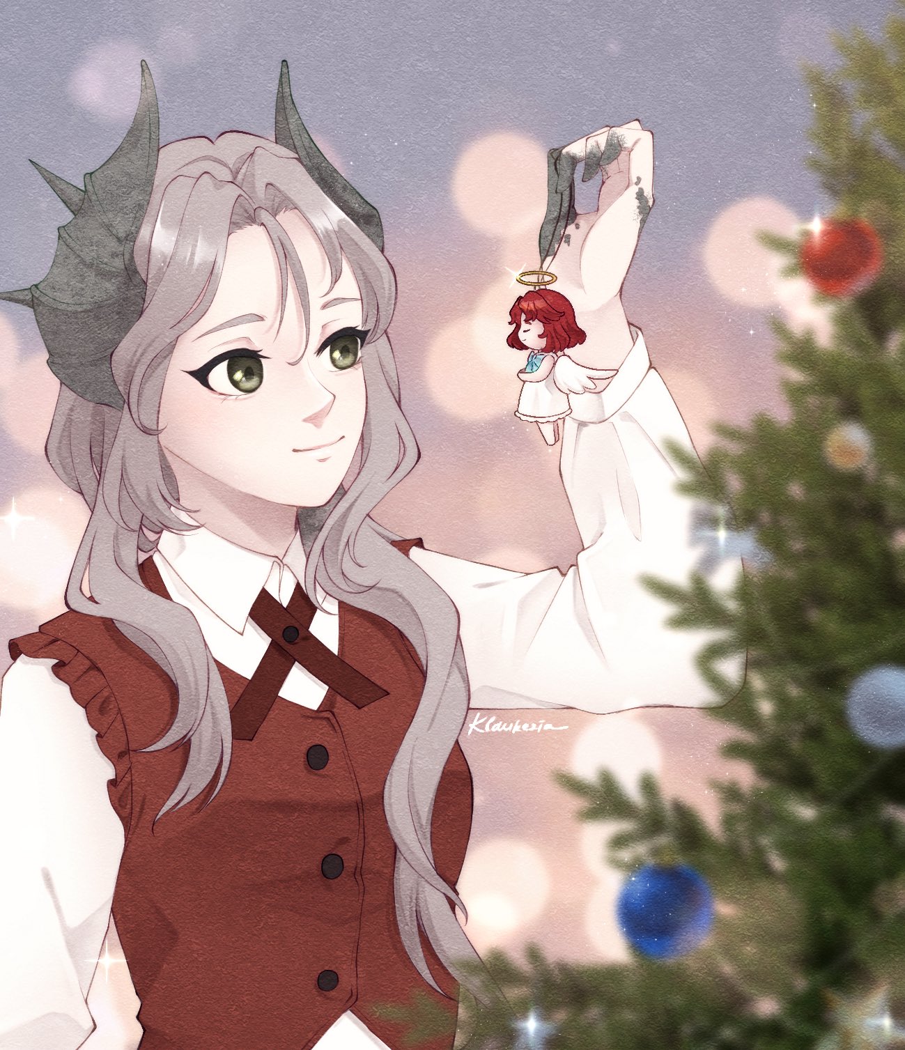 marsha (reverse:1999), sentinel (reverse:1999), reverse:1999, commentary, english commentary, highres, 1girl, alternate costume, blurry, bokeh, character charm, charm (object), christmas ornaments, christmas tree, collared shirt, cross tie, depth of field, gradient background, grey background, grey eyes, grey hair, hair ornament, hand up, klaukezia, long hair, looking at object, petrification, red vest, shirt, smile, solo, upper body, vest, white shirt