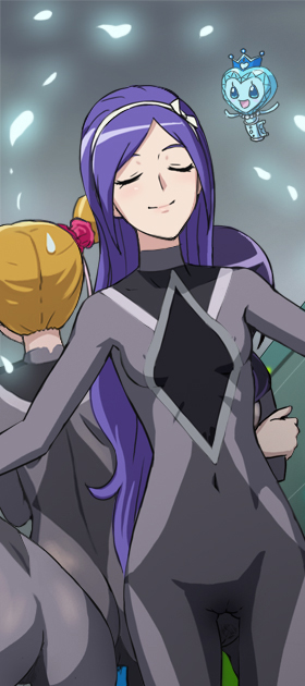 haruyama kazunori, aono miki, burun, higashi setsuna, momozono love, yamabuki inori, fresh precure!, precure, 00s, ass, blonde hair, blue hair, bodysuit, cameltoe, closed eyes, hair up, long hair, skin tight, smile