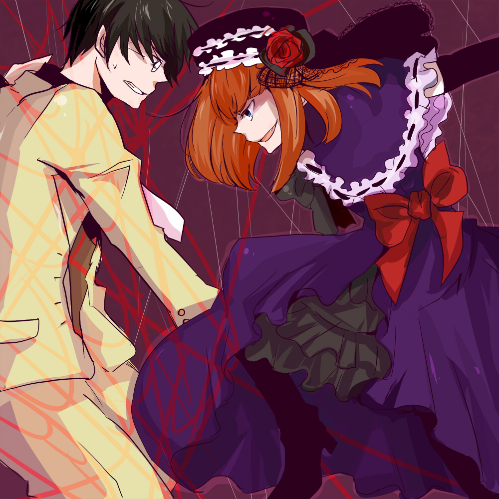 apper500, eva beatrice, ushiromiya george, umineko no naku koro ni, bad id, bad pixiv id, 00s, blue eyes, dress, elbow gloves, evil grin, evil smile, fang, flower, formal clothes, glasses, gloves, grin, hat, orange hair, rose, short hair, smile, suit