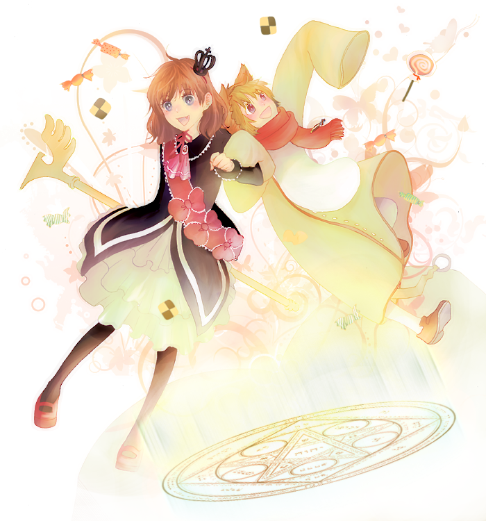 chuna, maria (umineko), sakutarou (umineko), umineko no naku koro ni, 00s, animal ears, blonde hair, brown hair, candy, crown, dress, food, lion, pantyhose, scarf, short hair, staff