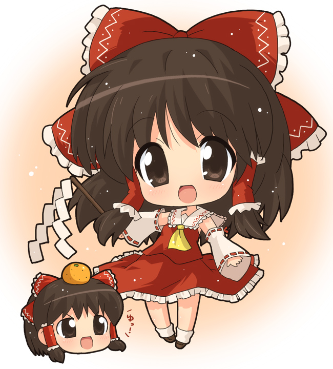 hahifuhe, hakurei reimu, touhou, 1girl, blush, bow, brown eyes, brown hair, brown shoes, chibi, detached sleeves, female focus, food, fruit, full body, gohei, gradient background, hair bow, japanese clothes, mandarin orange, miko, shoes, solo, yukkuri shiteitte ne