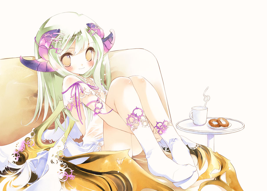 sumi keiichi, bare shoulders, couch, cup, feet, flat chest, food, green hair, horns, hugging own legs, long hair, smile, socks, solo