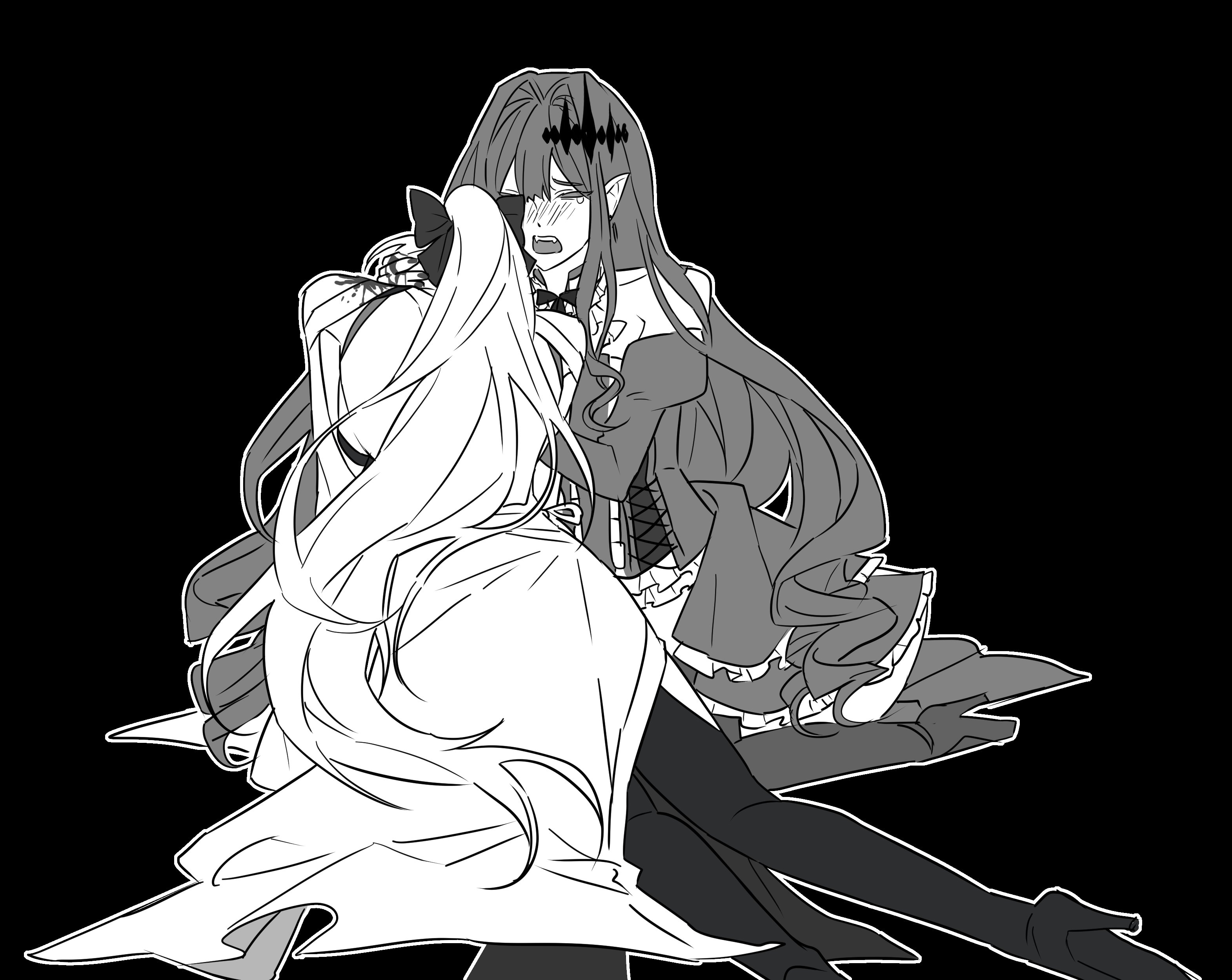 baobhan sith (fate), baobhan sith (first ascension) (fate), morgan le fay (fate), morgan le fay (first ascension) (fate), fate/grand order, fate (series), absurdres, commentary request, highres, korean commentary, 2girls, blush, bow, closed eyes, crying, ddongmugua, greyscale, hair between eyes, hair bow, long hair, monochrome, mother and daughter, multiple girls, open mouth, pointy ears, ponytail, very long hair, white hair