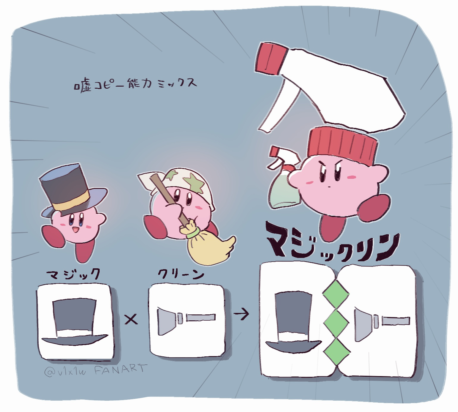 suyasuyabi, cleaning kirby, kirby, magic kirby, kirby (series), nintendo, commentary request, highres, translation request, :d, arrow (symbol), bandana, black hat, blue background, blue eyes, blush stickers, border, bottle, broom, closed mouth, copy ability, fusion, hat, holding, holding broom, no humans, open mouth, print bandana, smile, spray bottle, top hat, white bandana, white border