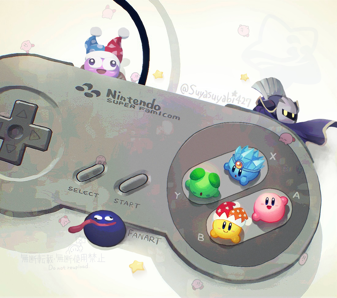 suyasuyabi, beam kirby, gooey (kirby), ice kirby, kirby, marx (kirby), meta knight, kirby (series), nintendo, commentary request, revision, :d, :o, blue skin, blush stickers, closed mouth, colored skin, controller, d-pad, game controller, green skin, hat, jester cap, looking at viewer, no humans, open mouth, orange hat, red hat, simple background, smile, super famicom gamepad, twitter username, two-tone headwear, waving, white background, yellow skin