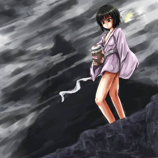 ouhaku, fujiwara no mokou, fujiwara no mokou (young), touhou, 1girl, aged down, bare legs, child, female focus, japanese clothes, jar, kimono, mountain, short kimono, solo, yukata