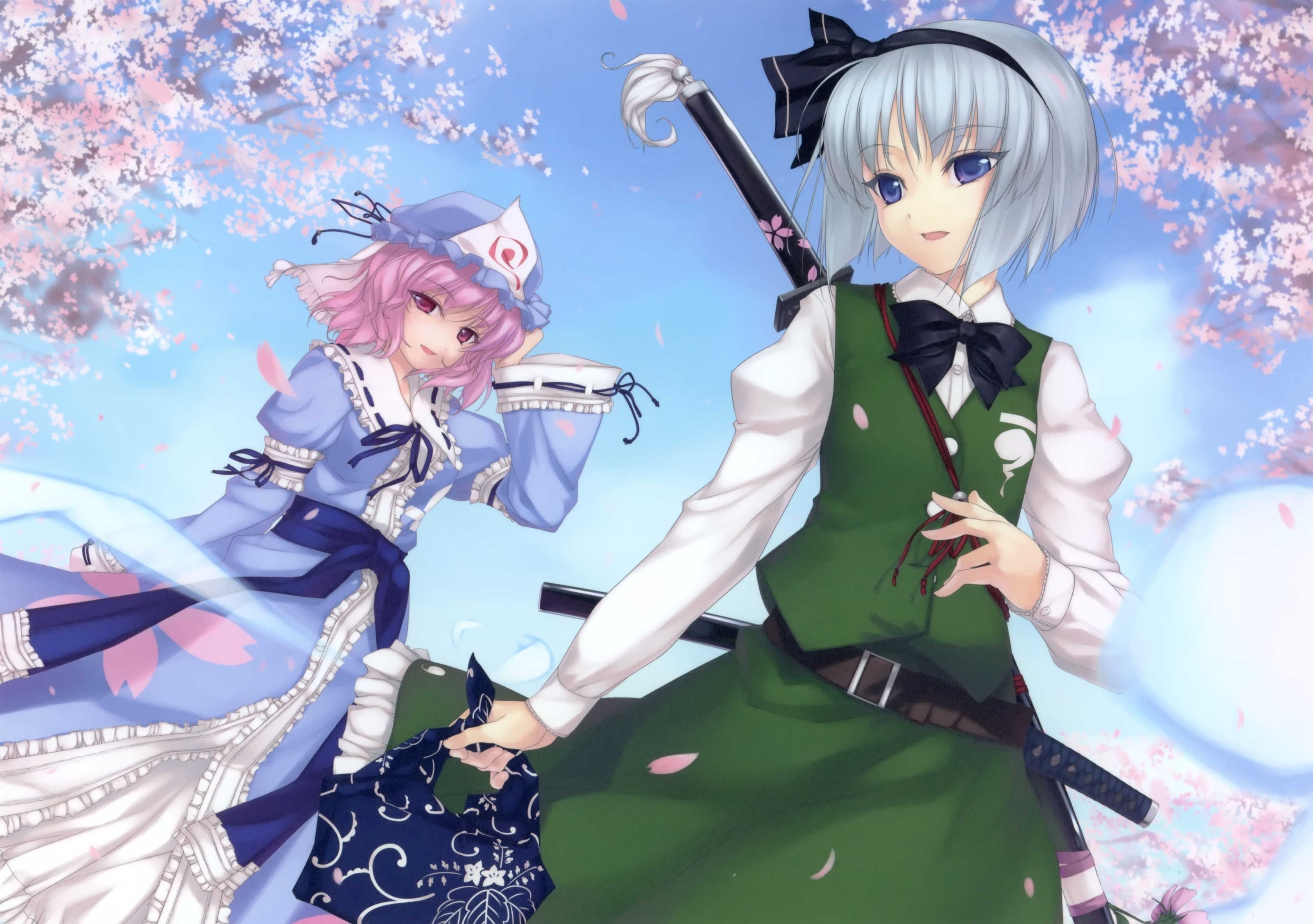 rokuwata tomoe, konpaku youmu, konpaku youmu (ghost), saigyouji yuyuko, touhou, silver hair, absurdres, highres, 2girls, blue eyes, cherry blossoms, cloud, day, female focus, flower, ghost, hairband, hat, japanese clothes, kimono, multiple girls, open mouth, petals, pink eyes, pink hair, ribbon, short hair, sky, tree