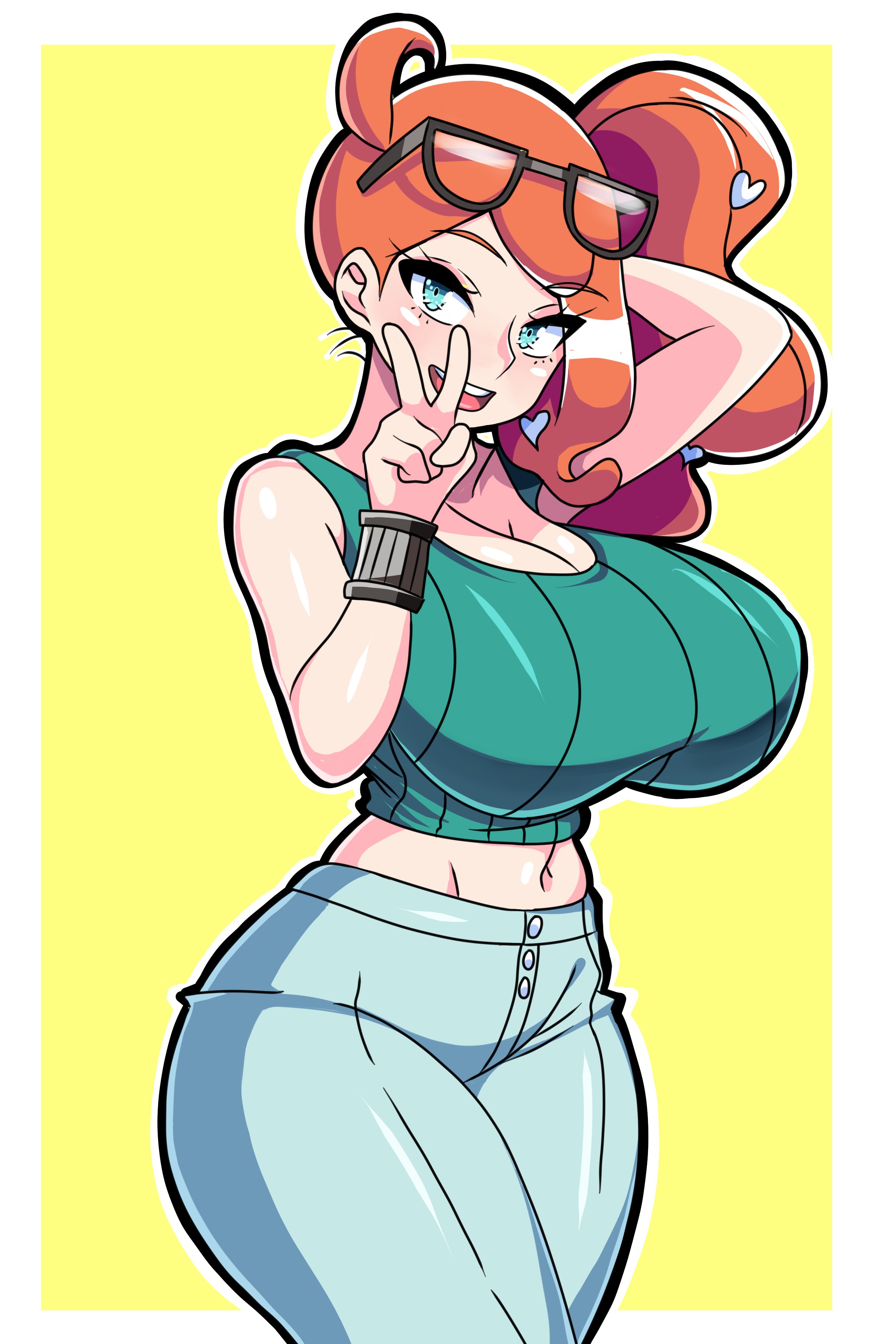 kagamisama29, sonia (pokemon), nintendo, pokemon, pokemon swsh, absurdres, commentary, english commentary, highres, 1girl, arm up, black-framed eyewear, breasts, cleavage, eyewear on head, green eyes, green shirt, hair ornament, heart, heart hair ornament, large breasts, looking at viewer, midriff, navel, no coat, open mouth, orange hair, pants, shirt, side ponytail, smile, v, yellow background