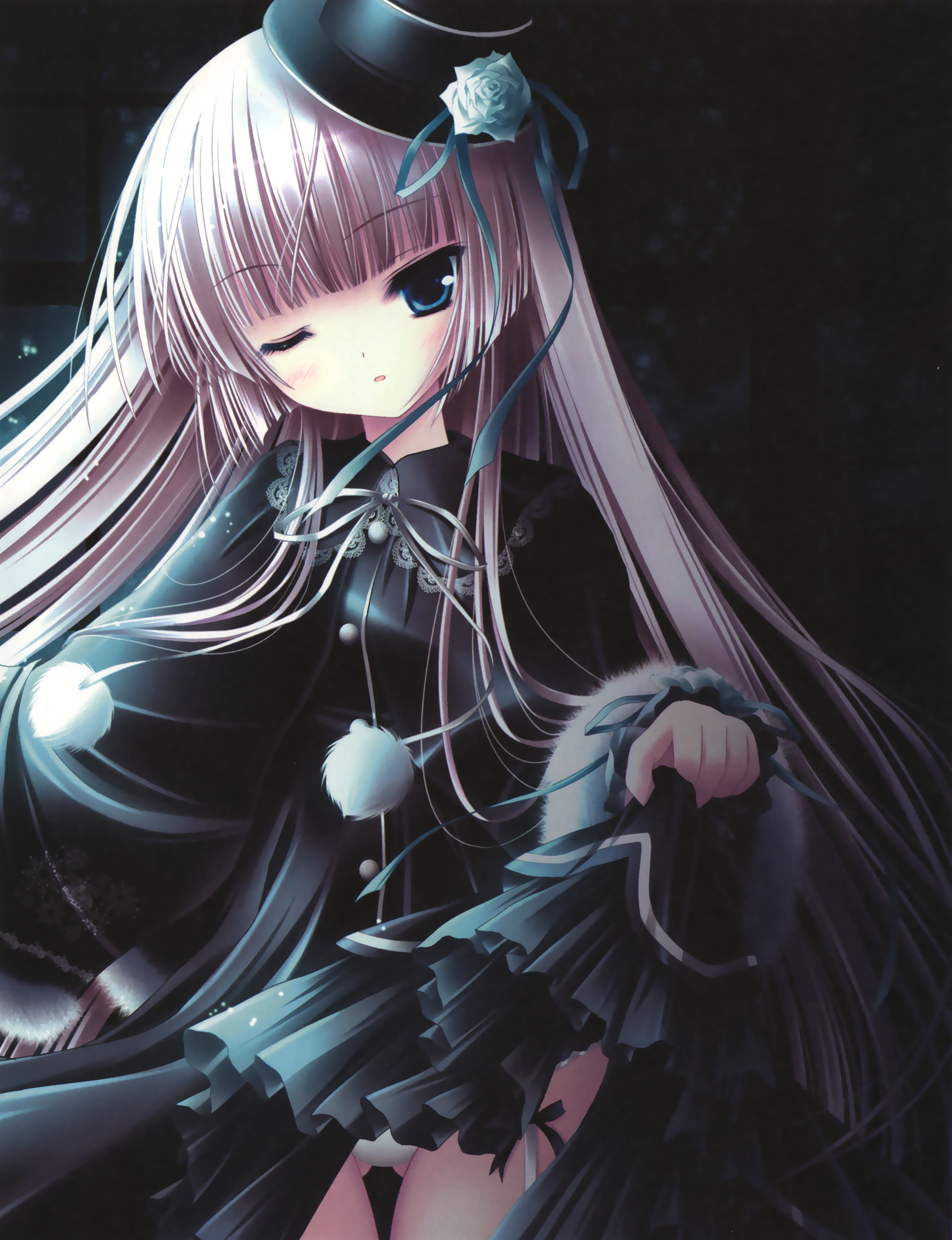 tinker bell (pixiv 10956015), absurdres, highres, 1girl, blue eyes, blunt bangs, clothes lift, dress, dress lift, female focus, flower, frills, gathers, gothic lolita, hat, hime cut, lace, light particles, lolita fashion, long hair, mini hat, mini top hat, one eye closed, panties, ribbon, solo, top hat, underwear, very long hair, white panties, wink