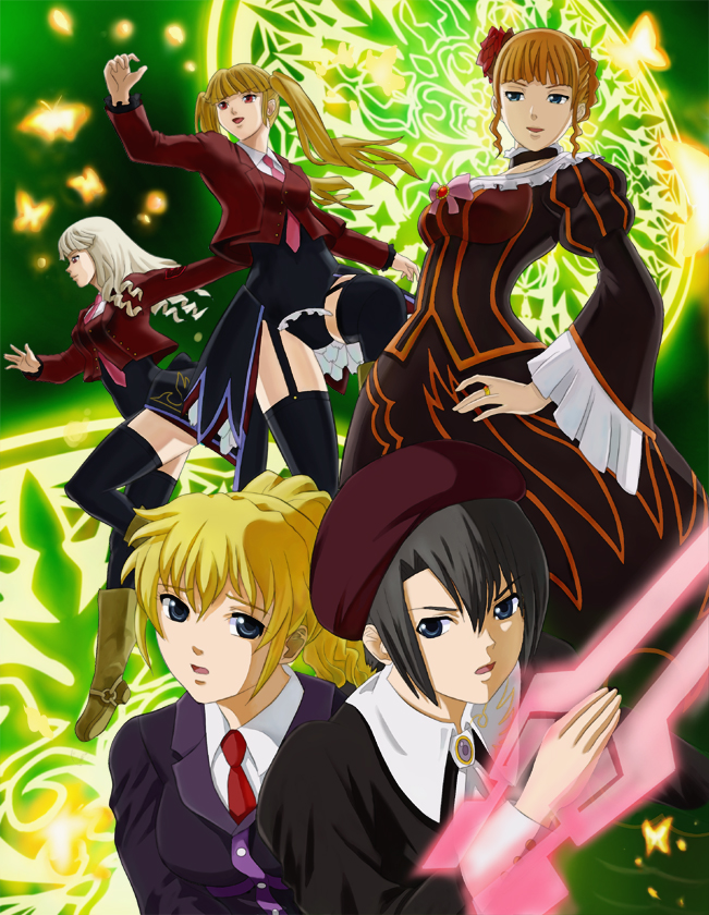 man dam, asmodeus (umineko), beatrice (umineko), kanon (umineko), satan (umineko), stakes of purgatory, ushiromiya jessica, umineko no naku koro ni, 00s, 1boy, 4girls, beret, black hair, blonde hair, bow, bug, butterfly, dress, hair ornament, hat, insect, multiple girls, necktie, pink bow, pink necktie, ponytail, thighhighs, twintails