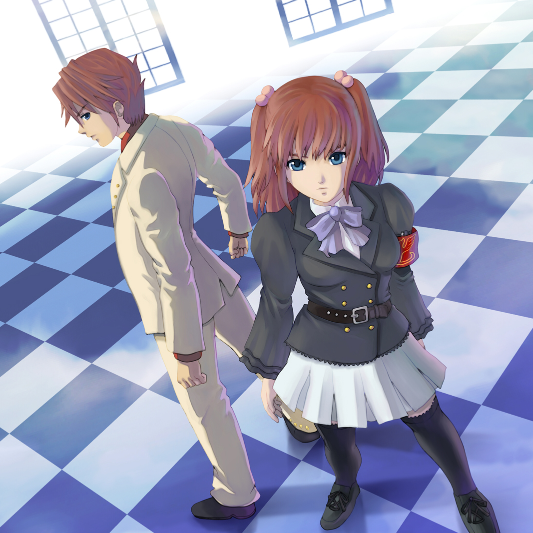 man dam, ushiromiya ange, ushiromiya battler, umineko no naku koro ni, 00s, 1boy, 1girl, bow, bowtie, brother and sister, formal clothes, red hair, siblings, skirt, suit, thighhighs, twintails