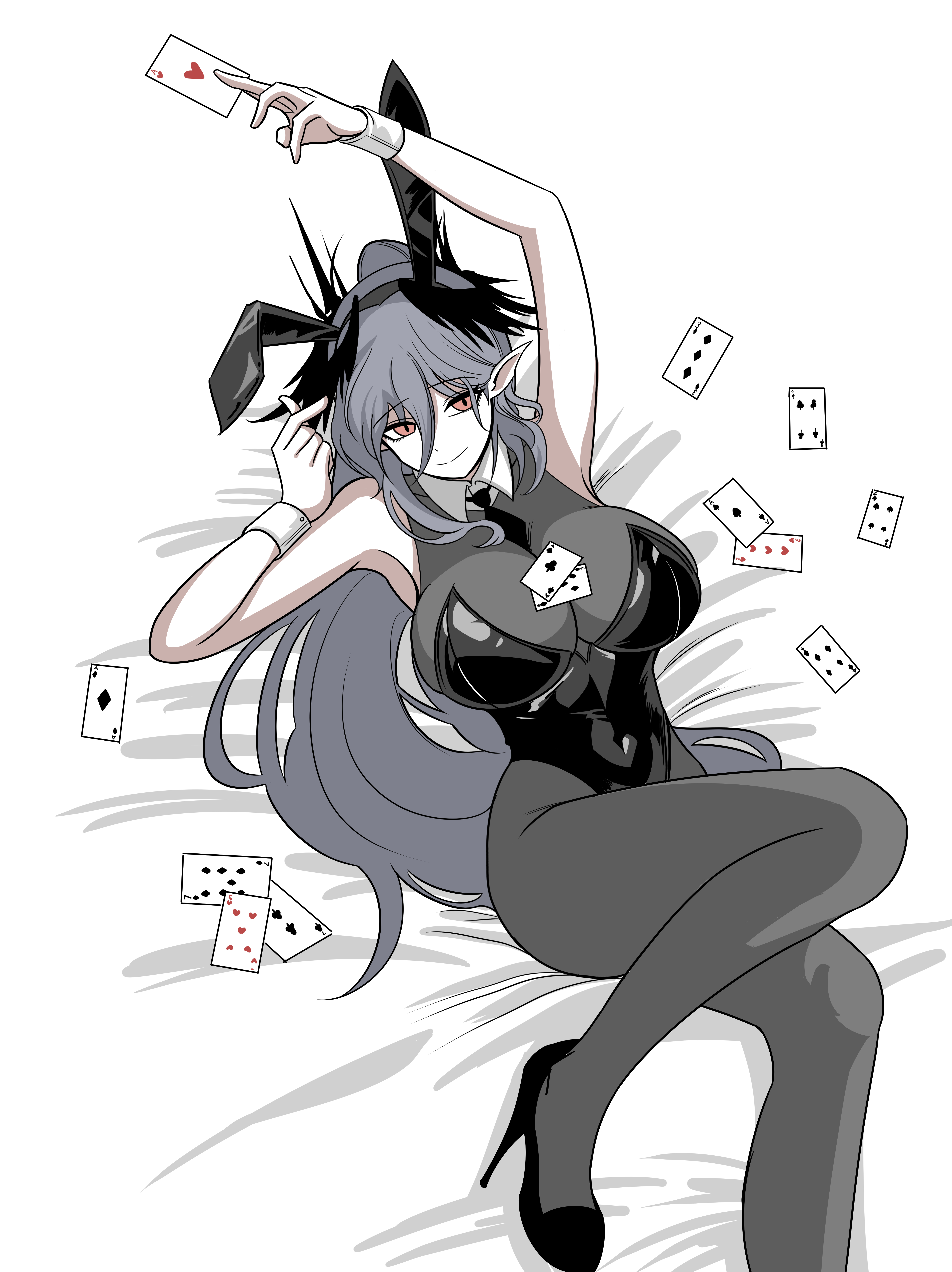 choebal1356201, laqeramaline (arknights), arknights, black bodystocking, absurdres, commentary, highres, 1girl, ace (playing card), ace of clubs, ace of diamonds, ace of hearts, ace of spades, animal ears, bare shoulders, between breasts, black leotard, black necktie, black shoes, bodystocking, breasts, card, club (shape), detached collar, diamond (shape), fake animal ears, five of diamonds, five of hearts, four of clubs, four of diamonds, four of spades, grey hair, heart, high heels, holding, holding card, horns, large breasts, leotard, long hair, looking at viewer, lying, necktie, necktie between breasts, object on breast, on back, pantyhose, playboy bunny, playing card, pointy ears, ponytail, rabbit ears, red eyes, seven of diamonds, shoes, smile, solo, spade (shape), strapless, strapless leotard, three of clubs, three of diamonds, three of hearts, very long hair, white wrist cuffs, wrist cuffs
