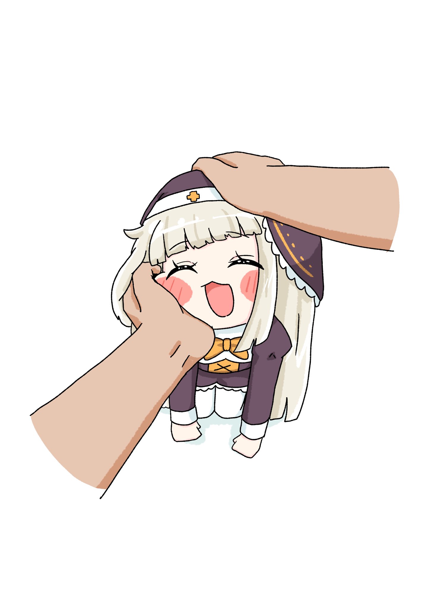 speaki (trickcal), trickcal, commentary, highres, 1boy, 1girl, :3, :d, ^ ^, all fours, blush stickers, cheek squash, chibi, closed eyes, hands on another's face, headpat, long hair, meme, mirakurun (inumi miraku), open mouth, smile, speakiposting (meme), white background, white hair