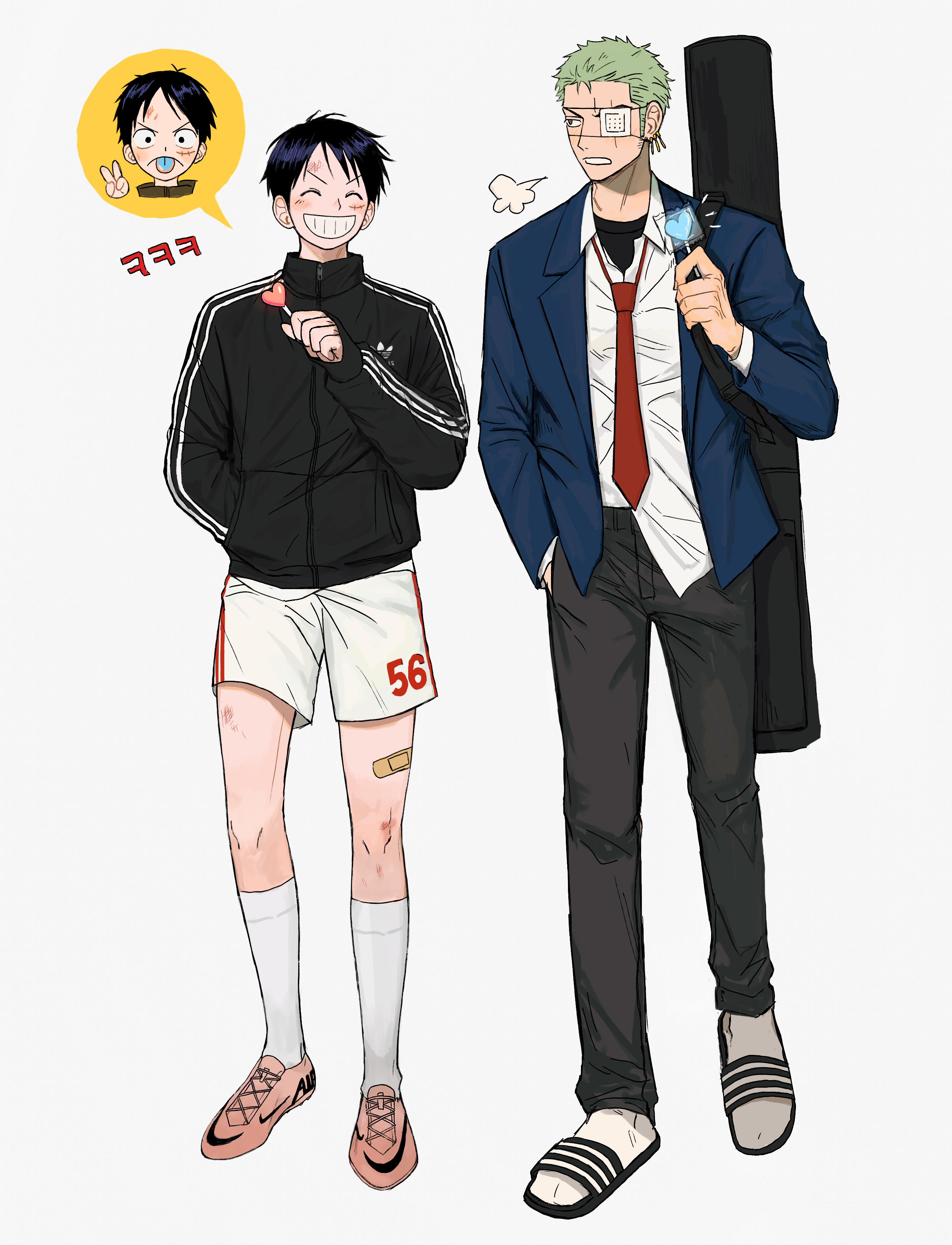 jjerri00, monkey d. luffy, roronoa zoro, adidas, one piece, absurdres, commentary, highres, symbol-only commentary, 2boys, alternate costume, arm up, black hair, black jacket, black pants, blue tongue, blush stickers, brown shoes, candy, clenched teeth, collared shirt, colored speech bubble, colored tongue, eyepatch, food, full body, green hair, grin, hand in pocket, holding, holding candy, holding food, holding lollipop, jacket, layered sleeves, lollipop, male focus, medical eyepatch, multiple boys, necktie, one eye covered, open collar, pants, puff of air, red necktie, sandals, shirt, shirt partially tucked in, shoes, short hair, shorts, simple background, smile, socks, speech bubble, spoken character, teeth, v, vertical-striped sleeves, white background, white shirt, white shorts, white socks, wing collar
