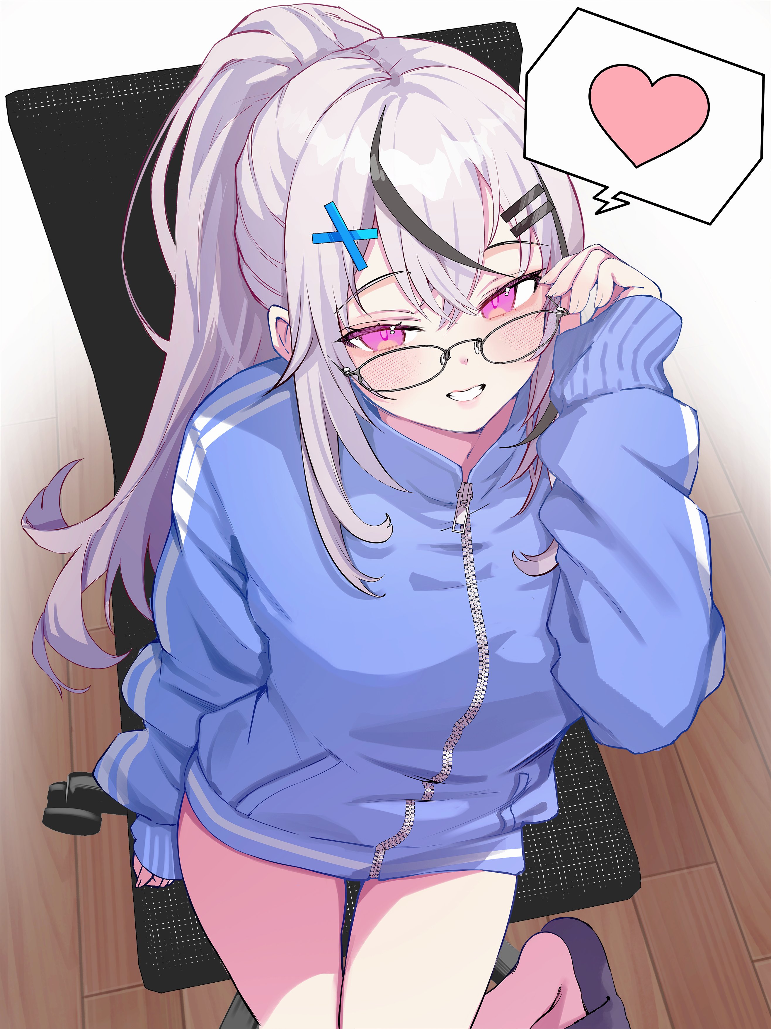 yamai yurika, original, absurdres, commentary request, highres, 1girl, black-framed eyewear, blue jacket, chair, from above, glasses, grin, hair ornament, hairclip, heart, jacket, long hair, long sleeves, looking at viewer, looking over eyewear, multicolored hair, ponytail, purple eyes, sidelocks, sitting, slippers, smile, solo, spoken heart, streaked hair, swivel chair, thighs, white hair, x hair ornament, zipper