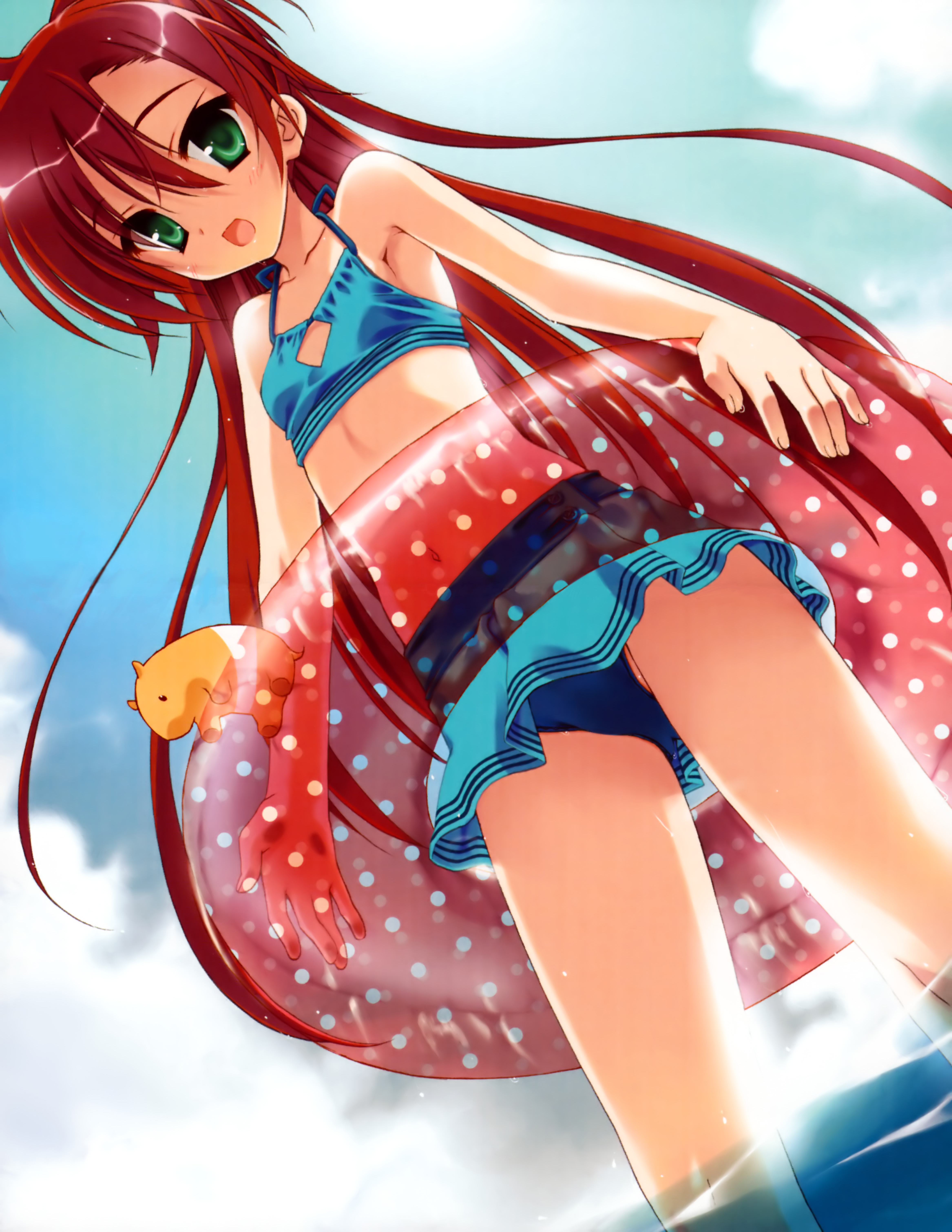 kobuichi, kioku no mori no elis, absurdres, highres, source request, 1girl, bikini, bikini skirt, blue bikini, day, female focus, flat chest, from below, green eyes, innertube, long hair, polka dot, polka dot innertube, red hair, solo, swim ring, swimsuit, very long hair, wading, water, wet