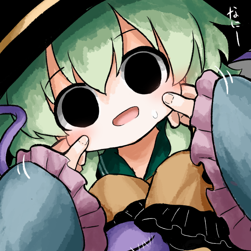heripantomorrow, komeiji koishi, komeiji satori, touhou, commentary request, translated, 2girls, black eyes, black hat, blue shirt, cheek pinching, cheek pull, eyeball, frilled shirt collar, frilled sleeves, frills, green hair, hands on another's cheeks, hands on another's face, hat, hat ribbon, multiple girls, pinching, pov, pov hands, ribbon, shirt, siblings, sisters, sleeves past wrists, stitched eye, sweatdrop, third eye, wide sleeves, yellow ribbon, yellow shirt