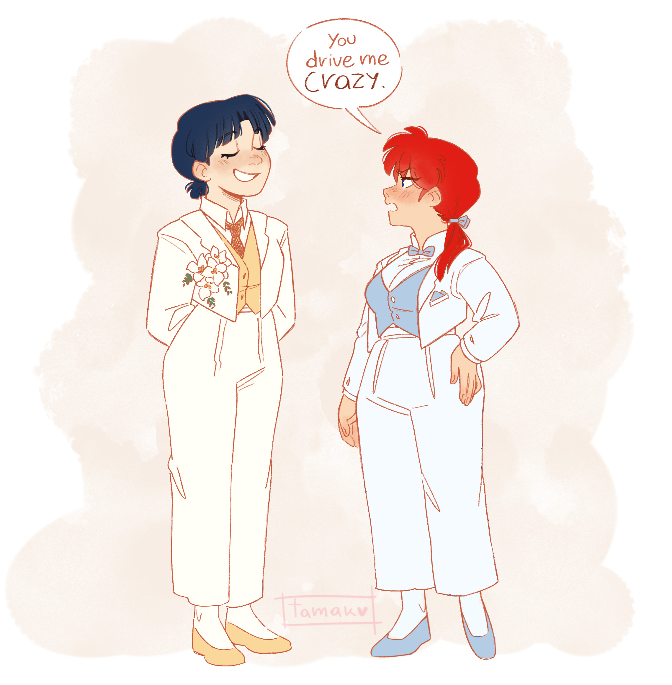 tamak0, ranma-chan, tendou akane, ranma 1/2, commentary, english commentary, highres, 2girls, :o, arms behind back, blue hair, blue shoes, blue vest, blush, border, breasts, brown necktie, brown shoes, brown vest, closed eyes, crossdressing, dress pants, dress shirt, flower, grin, groom, hand on own thigh, jacket, long sleeves, medium breasts, medium hair, multiple girls, necktie, nose blush, open mouth, pants, pocket square, shirt, shirt flower, shoes, short hair, side ponytail, signature, simple background, smile, smug, socks, speech bubble, v-shaped eyebrows, vest, wedding suit, white border, white flower, white jacket, white pants, white shirt, white socks, yellow background, yuri