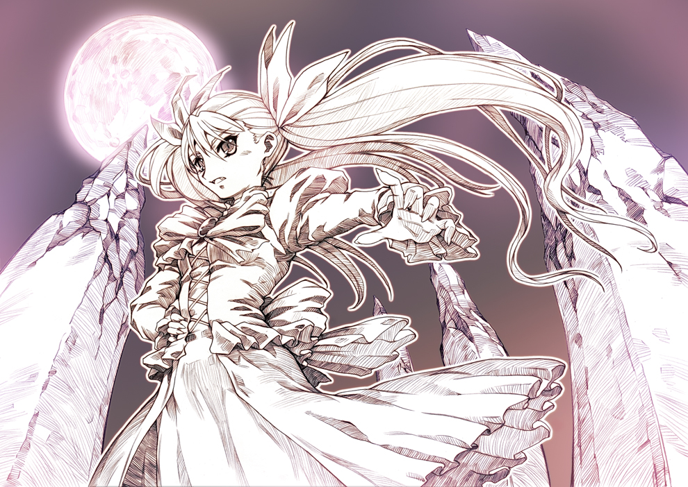 hisahiko, mina tepes, dance in the vampire bund, 1girl, female focus, hand on own hip, hip focus, long hair, monochrome, moon, solo, twintails