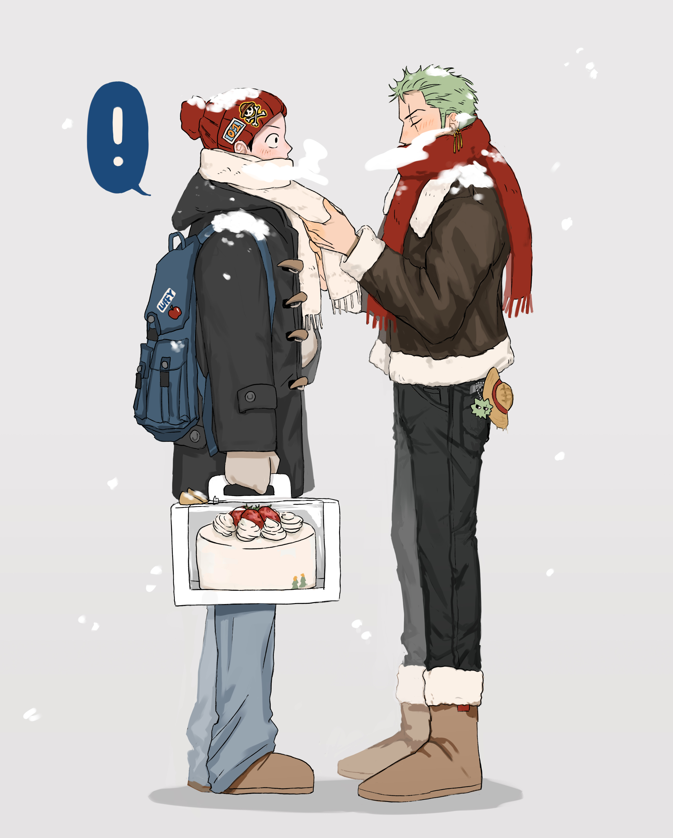 jjerri00, monkey d. luffy, roronoa zoro, one piece, absurdres, commentary, highres, symbol-only commentary, !, 2boys, alternate costume, arms up, backpack, bag, black coat, black jacket, black pants, blue bag, blue pants, boots, box, brown boots, brown shoes, cake, charm (object), closed eyes, coat, colored speech bubble, denim, earrings, food, from side, fruit, full body, fur-trimmed boots, fur-trimmed jacket, fur-trimmed sleeves, fur trim, green hair, grey background, hat, holding, holding box, hood, hooded coat, jacket, jeans, jewelry, male focus, medium sideburns, multiple boys, multiple earrings, pants, piercing, red hat, red scarf, scar, scar across eye, scar on face, scarf, shoes, sideburns, snow, snowing, speech bubble, spoken exclamation mark, standing, strawberry, white fur, white scarf, winter clothes
