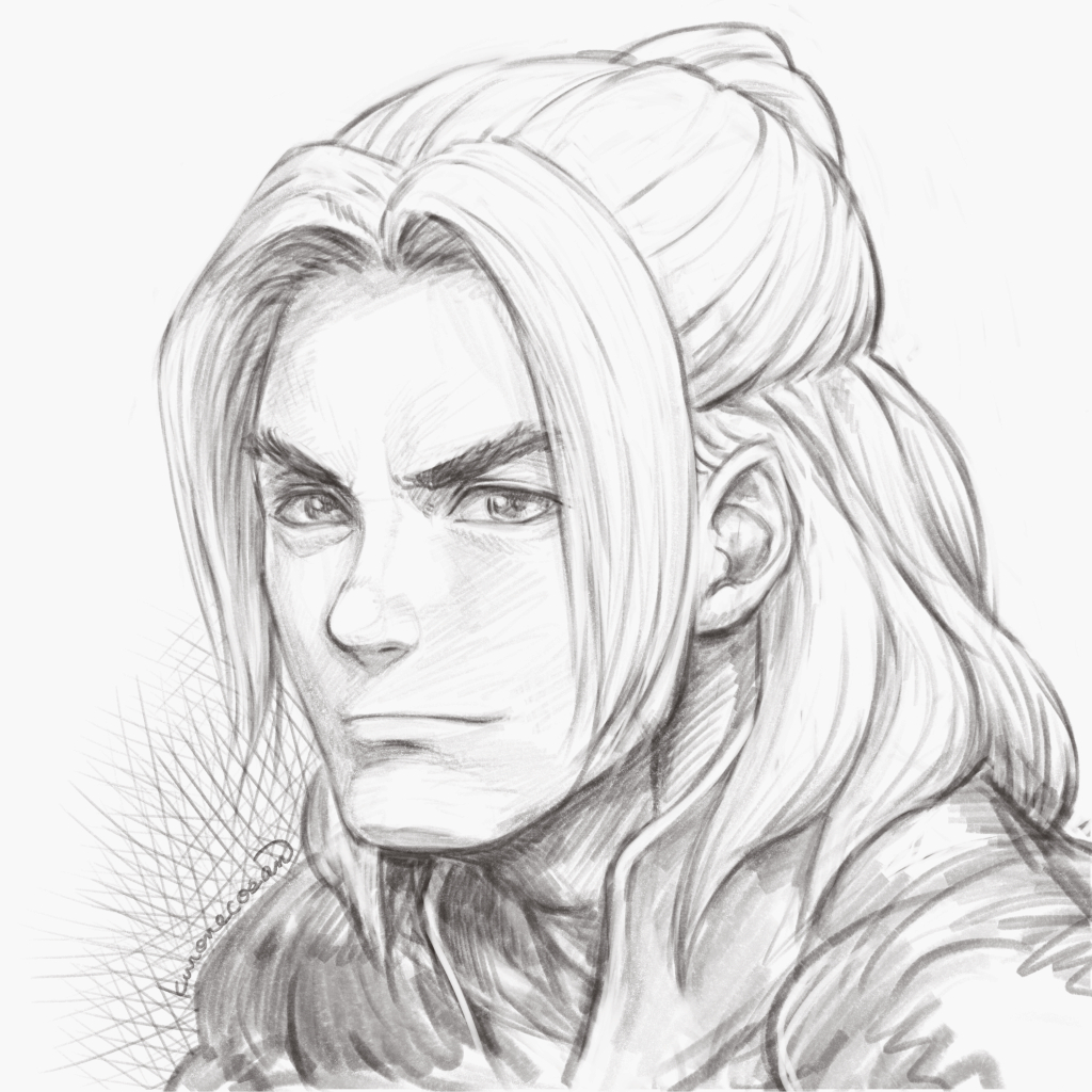 kuroneco, ken masters, street fighter, commentary request, 1boy, crosshatching, greyscale, hatching (texture), long hair, monochrome, signature, simple background, solo