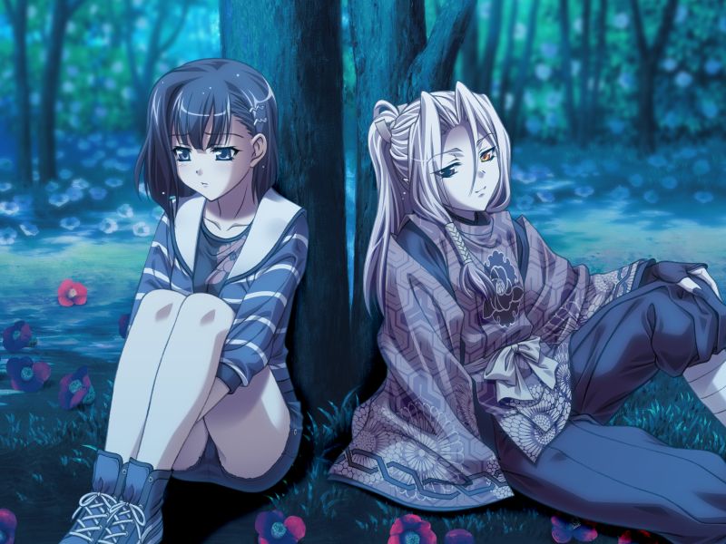 yasaka minato, kohaku (aoi shiro), osanai shouko, aoi shiro, hal, game cg, 2girls, female focus, flower, heterochromia, multiple girls, night, outdoors, sitting, tree, white hair