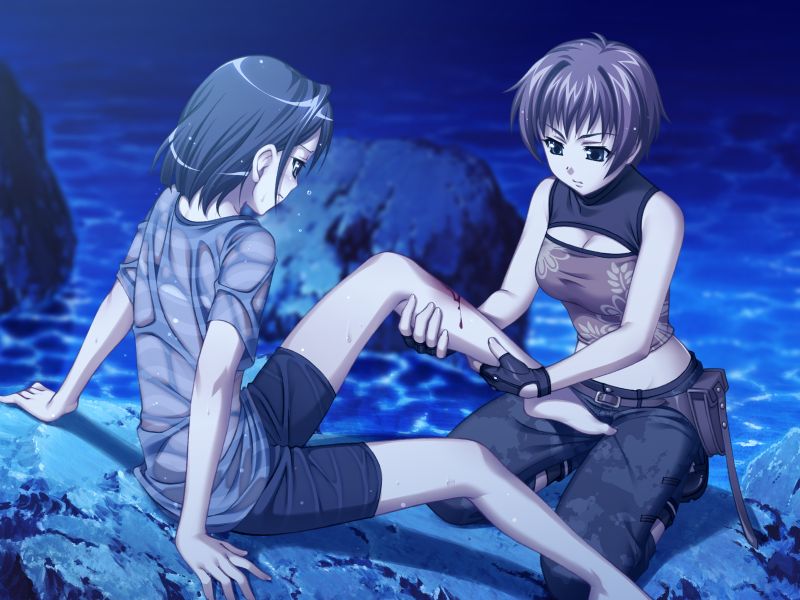 yasaka minato, kyan migiwa, osanai shouko, aoi shiro, hal, game cg, 2girls, barefoot, blood, breasts, cleavage, female focus, midriff, multiple girls, outdoors, short hair, sleeveless, water, wet, wet clothes