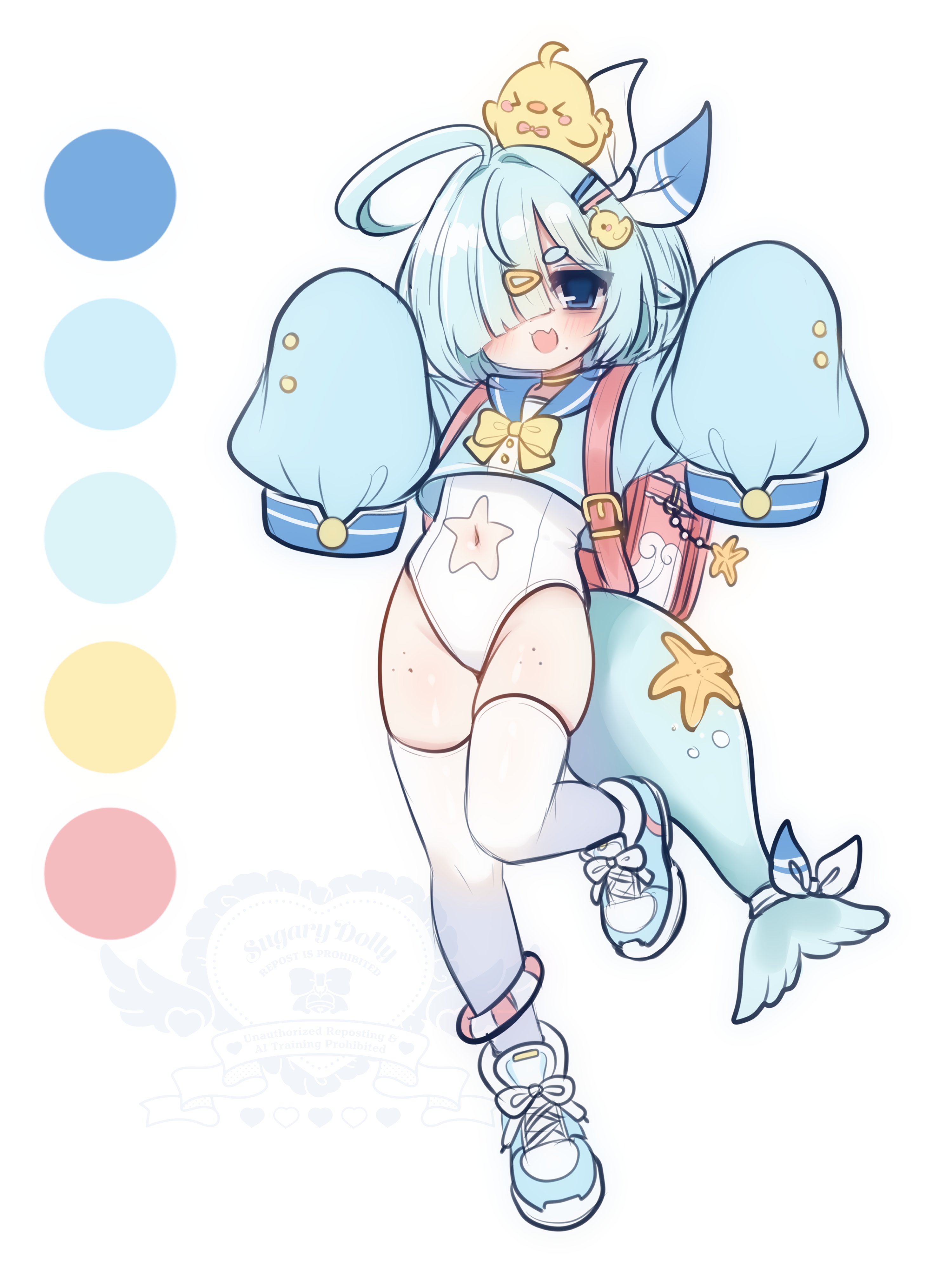 original, absurdres, commentary, english commentary, highres, 1girl, :d, adoptable, ahoge, arms up, backpack, bag, bag charm, blue eyes, blue hair, blue serafuku, blue tail, blunt bangs, body freckles, bow, bowtie, charm (object), clothing cutout, color guide, cropped shirt, fang, fins, fish tail, freckles, full body, hair ornament, hair over one eye, hair ribbon, hairclip, highleg, highleg one-piece swimsuit, leg up, lifebuoy anklet, looking at viewer, mole, mole under mouth, navel cutout, one-piece swimsuit, open mouth, pink bag, ribbon, school uniform, sea lion girl, serafuku, skin fang, skindentation, sleeves past fingers, sleeves past wrists, smile, standing, standing on one leg, starfish, sugarydolly, swimsuit, tail, tail ornament, tail ribbon, thigh freckles, thighhighs, too many hair ornaments, watermark, white background, white one-piece swimsuit, white ribbon, white thighhighs, yellow bow, yellow bowtie