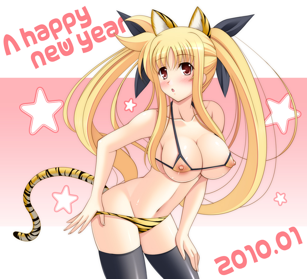 narutaki shin, fate testarossa, lyrical nanoha, mahou shoujo lyrical nanoha, 00s, 10s, 1girl, 2010, animal ears, animal print, bikini, blonde hair, blush, breasts, covered erect nipples, female focus, large breasts, micro bikini, new year, nipples, red eyes, see-through clothes, solo, star (symbol), swimsuit, tail, thighhighs, tiger ears, tiger print, tiger tail, twintails