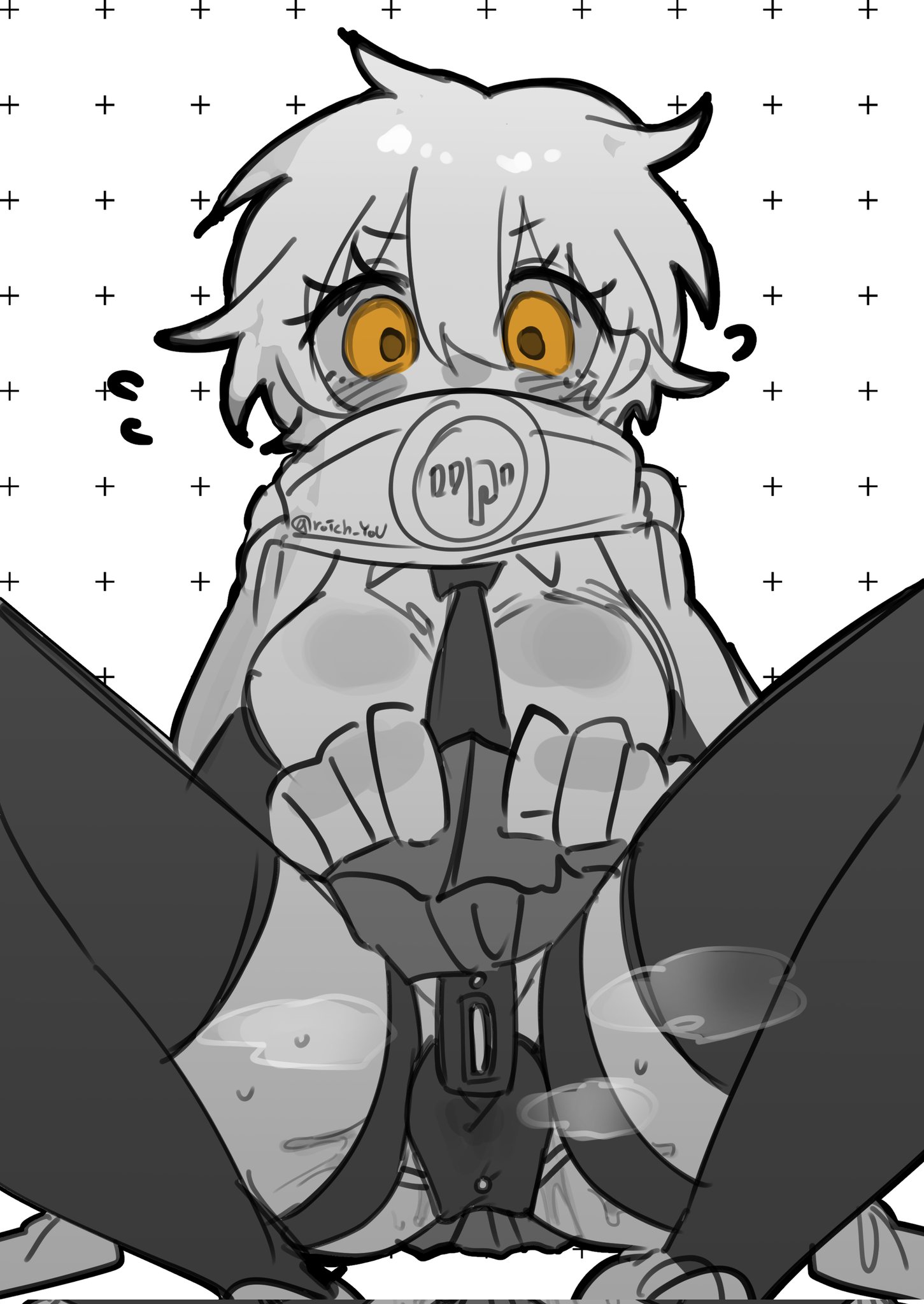 pmchell 04, don quixote (project moon), limbus company, project moon, commentary request, highres, korean commentary, 1girl, black thighhighs, breasts, chastity belt, index (identity) (project moon), large breasts, long sleeves, looking at viewer, miniskirt, monochrome, necktie, pleated skirt, pussy juice, short hair, simple background, sketch, skirt, spread legs, squatting, steam, thighhighs