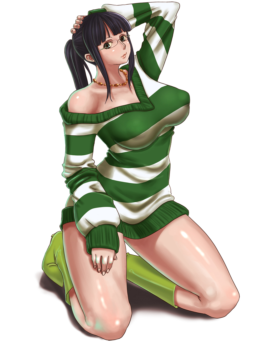 sueyuu, nico robin, one piece, one piece: strong world, highres, 1girl, arm up, black hair, blunt bangs, boots, bottomless, breasts, collarbone, dress, female focus, fingernails, glasses, green boots, green eyes, hair up, hand on own head, impossible clothes, jewelry, kneeling, knees, large areolae, large breasts, lips, long hair, long sleeves, looking at viewer, necklace, off shoulder, ponytail, shadow, shiny skin, simple background, sitting, solo, striped clothes, striped dress, striped sweater, sweater, sweater dress, thighs, white background