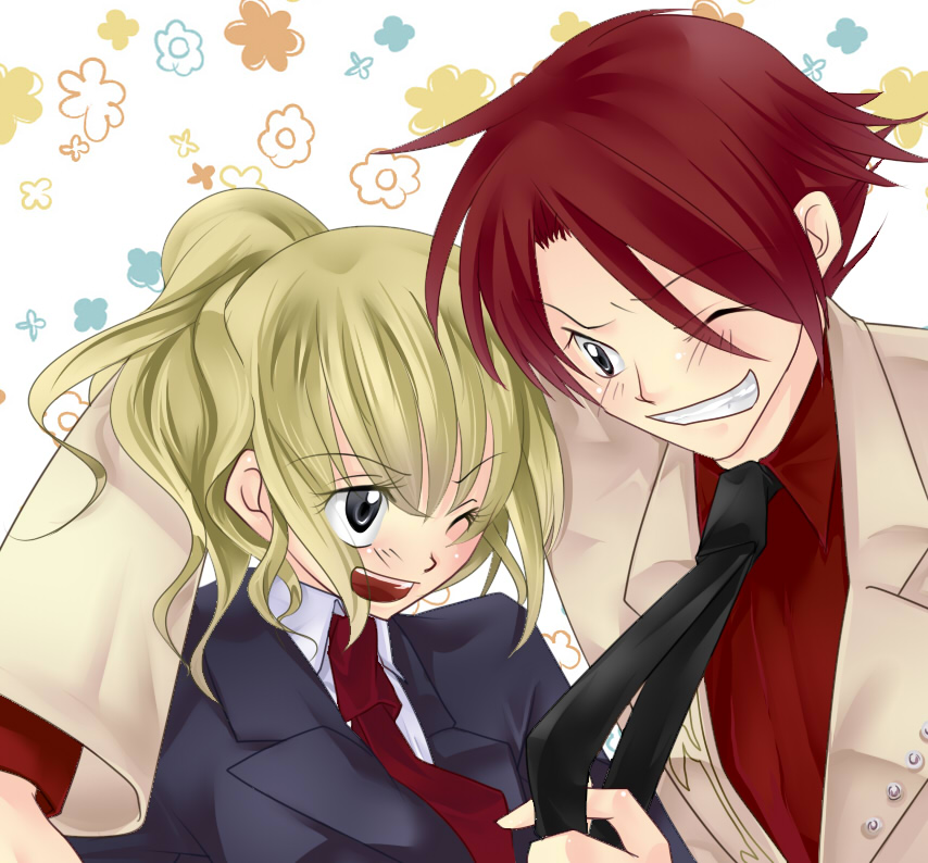 koougi, ushiromiya battler, ushiromiya jessica, umineko no naku koro ni, 00s, 1boy, 1girl, blonde hair, cousins, formal clothes, necktie, one eye closed, ponytail, red hair, suit, wink