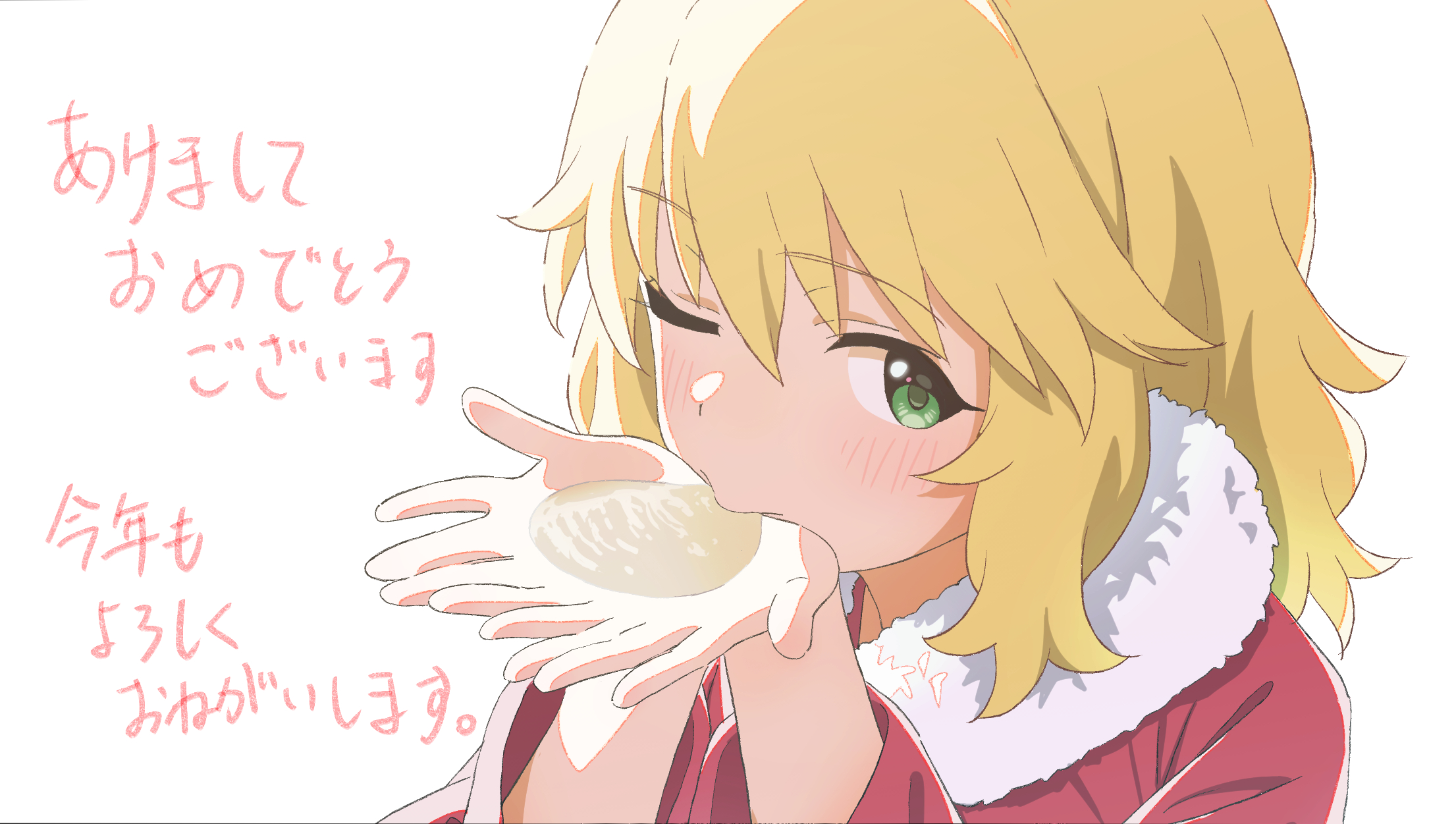 papiyon1297, sakurai momoka, idolmaster, idolmaster cinderella girls, commentary request, highres, translation request, 1girl, amazake (drink), blonde hair, blush, cupping hands, drinking, fur trim, green eyes, japanese clothes, kimono, looking at viewer, one eye closed, own hands together, short hair, solo, upper body