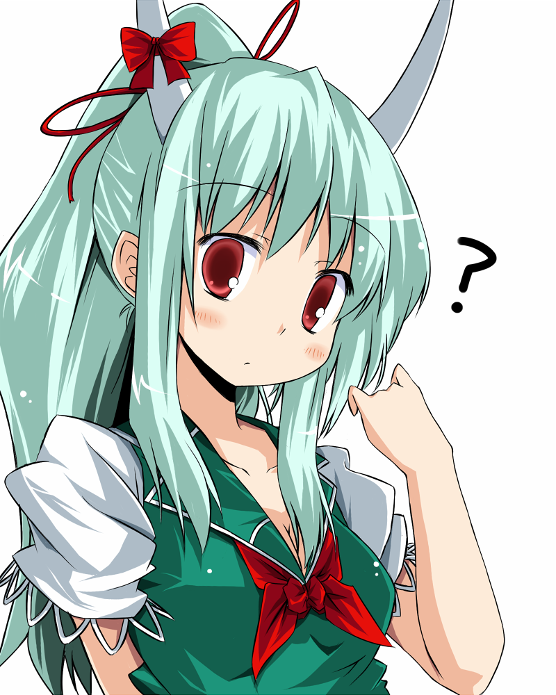 wata, ex-keine, kamishirasawa keine, touhou, bad id, bad pixiv id, 1girl, ?, alternate hairstyle, female focus, green hair, horns, long hair, ponytail, red eyes, ribbon, simple background, solo, upper body, white background