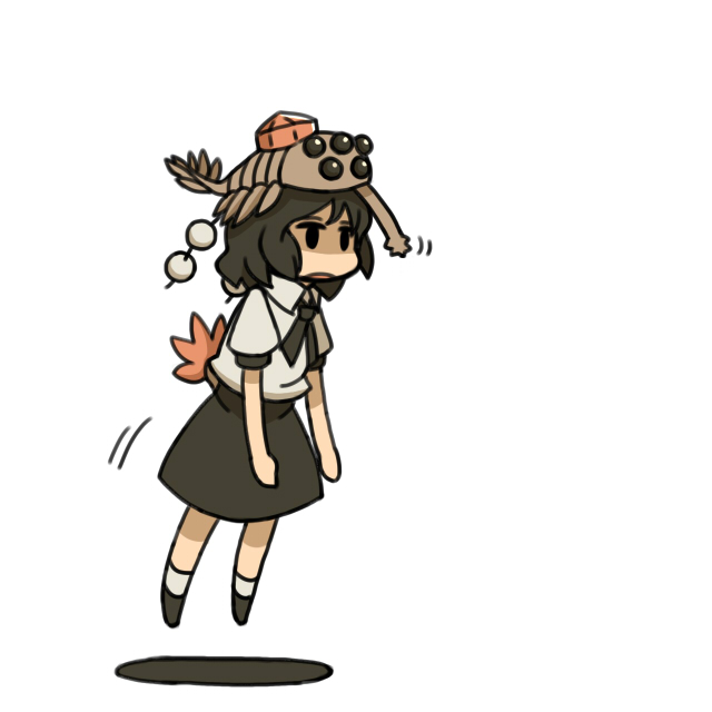 uewtsol, shameimaru aya, touhou, looking away, tagme, 1girl, blouse, female focus, floating, hat, object on head, opabinia, prehistoric animal, shirt, skirt, solo, tokin hat, white background, white shirt