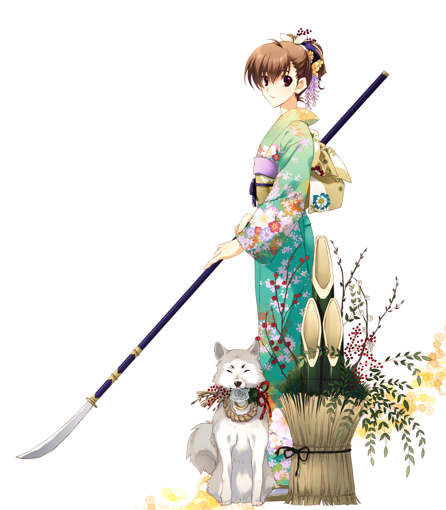 trough shell, koromaru (persona), shiomi kotone, atlus, persona, persona 3, persona 3 portable, bad id, bad pixiv id, highres, 1girl, animal, brown hair, dog, female focus, japanese clothes, kadomatsu, kimono, naginata, polearm, short hair, smile, solo, weapon, white background