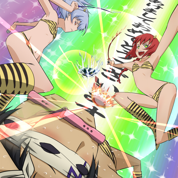 kanna asuke, hei (darker than black), lum, suou pavlichenko, yin (darker than black), darker than black, urusei yatsura, silver hair, 1boy, 2girls, animal print, bdsm, bikini, bit gag, black hair, blindfold, bondage, bound, braid, cone horns, cosplay, gag, gagged, horns, lum (cosplay), multiple girls, oni, open mouth, pointy ears, ponytail, red hair, single braid, small horns, swimsuit, tiger print, whip