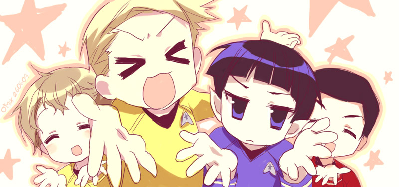 omix, james tiberius kirk, montgomery scott, pavel chekov, spock, lucky star, motteke! serafuku, star trek, star trek: the original series, bad id, bad pixiv id, > <, 4boys, ^ ^, closed eyes, crossover, male focus, multiple boys, parody, pun, reaching, reaching towards viewer, starfleet uniform, vulcan