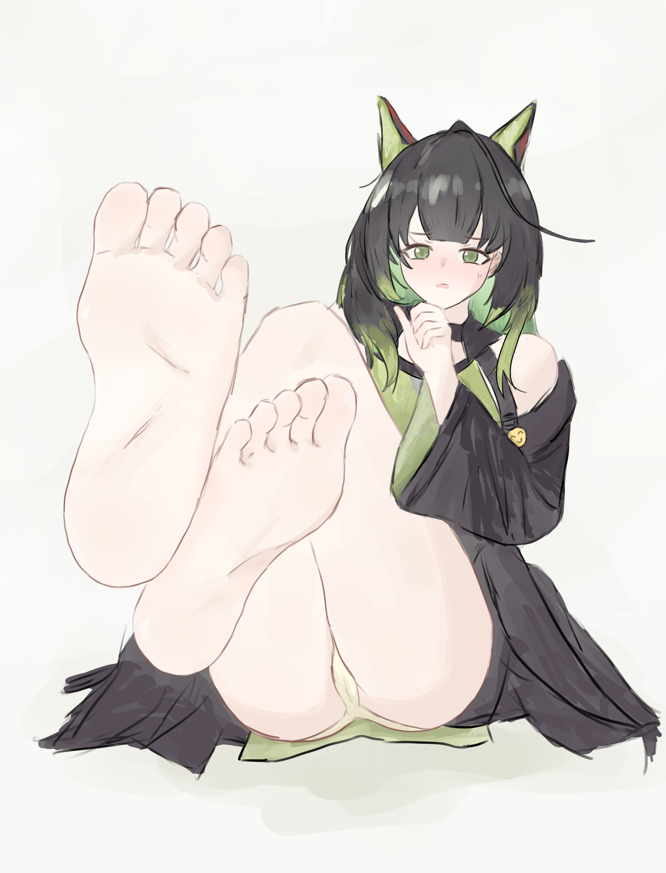 sixu, mon3tr (arknights), arknights, absurdres, highres, 1girl, barefoot, black hair, blush, feet, green eyes, green hair, long hair, looking at viewer, multicolored hair, panties, pantyshot, parted lips, soles, streaked hair, toes, two-tone hair, underwear