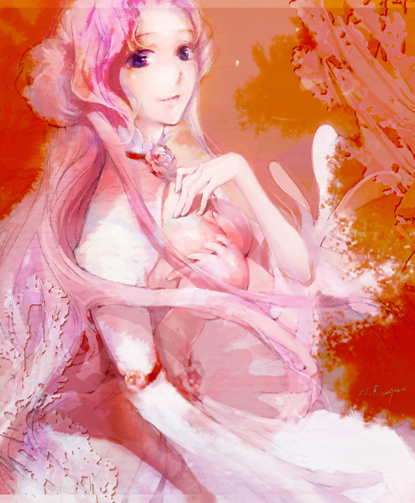 nekoif, euphemia li britannia, code geass, 00s, 1girl, breasts, cleavage, donut hair bun, dress, female focus, formal clothes, hair bun, long hair, medium breasts, pink hair, purple eyes, solo, very long hair