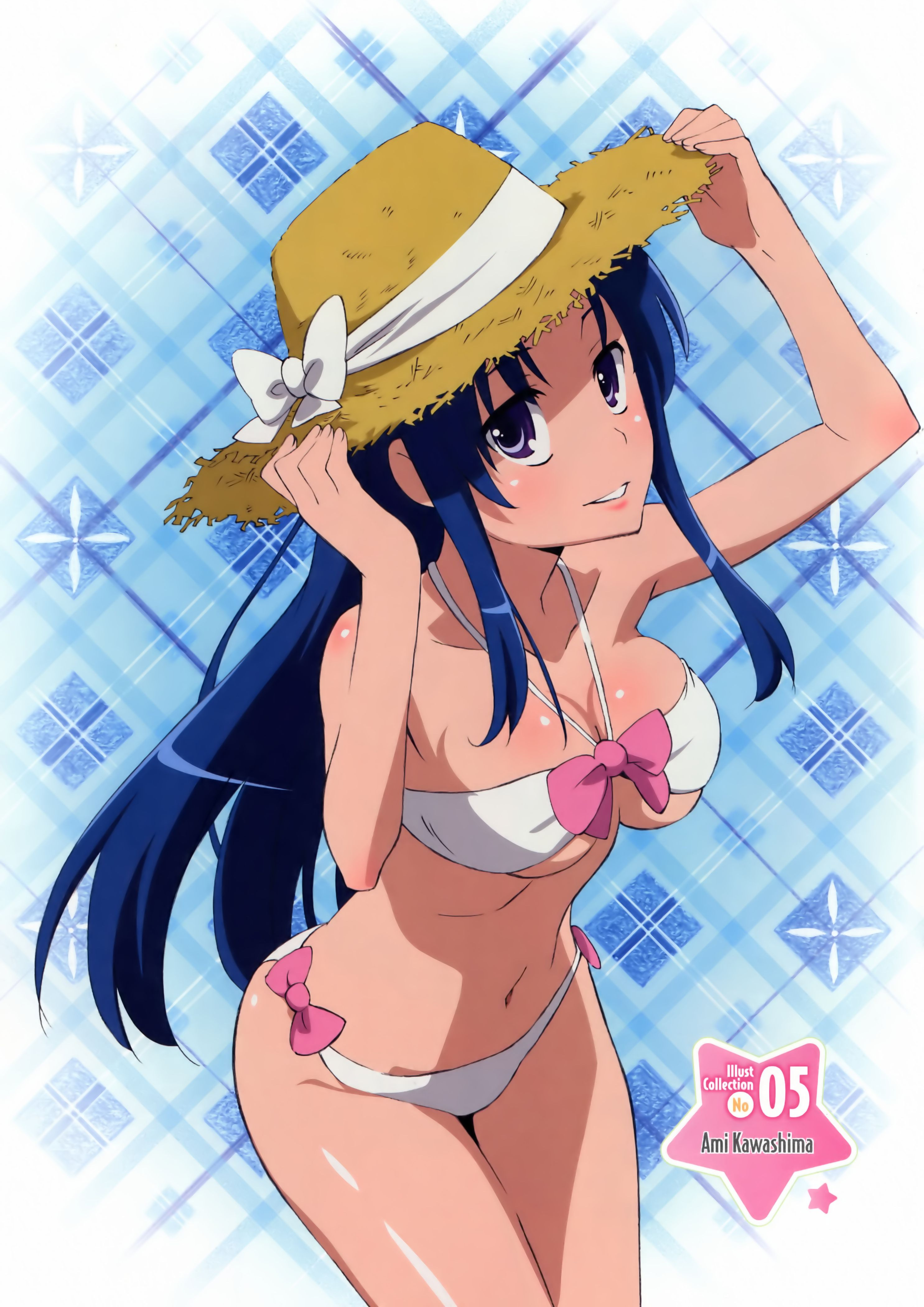 kawashima ami, toradora!, absurdres, highres, official art, 00s, 1girl, bikini, blue eyes, blue hair, bow, breasts, cleavage, female focus, hat, long hair, matching hair/eyes, solo, swimsuit, underboob, very long hair, white bikini