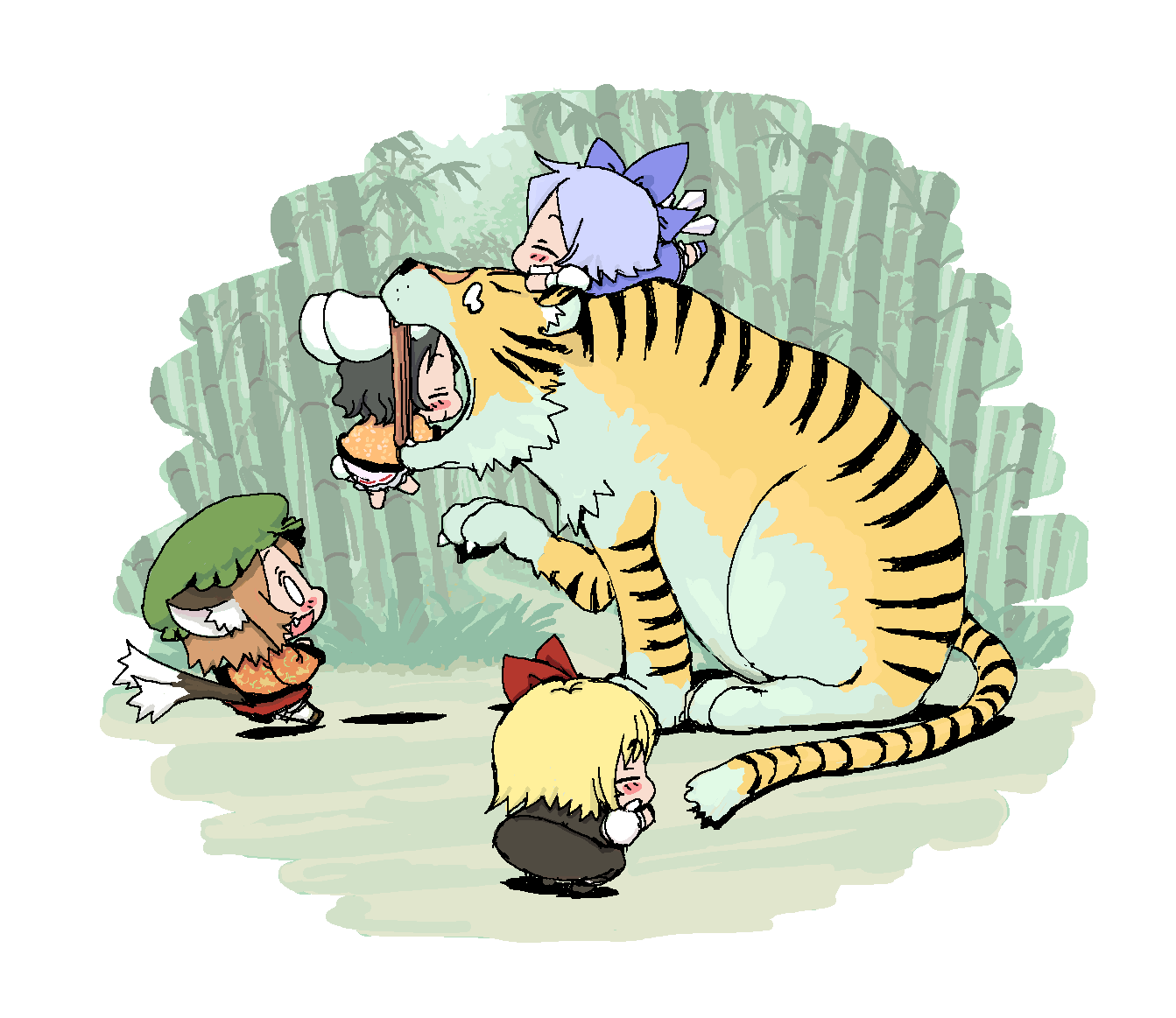 baku taso, chen, cirno, inaba tewi, rumia, shoot the bullet, touhou, animal ears, black hair, blonde hair, blush, bow, brown eyes, brown hair, cat ears, cat tail, chibi, dress, earrings, hair bow, hat, jewelry, multiple girls, open mouth, rabbit ears, red eyes, ribbon, short hair, smile, tail, team 9 (touhou), tiger, wings