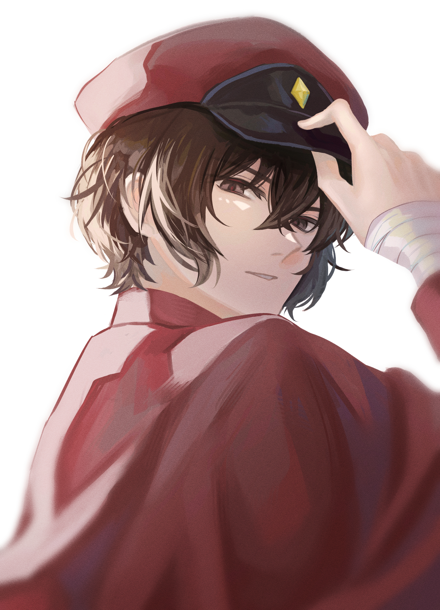 ufomelet et, dazai osamu (bungou stray dogs), bungou stray dogs, commentary request, highres, 1boy, adjusting clothes, adjusting headwear, bandaged arm, bandages, brown eyes, brown hair, hair between eyes, hat, jacket, looking at viewer, male focus, parted lips, red hat, red jacket, short hair, simple background, solo, teeth, white background