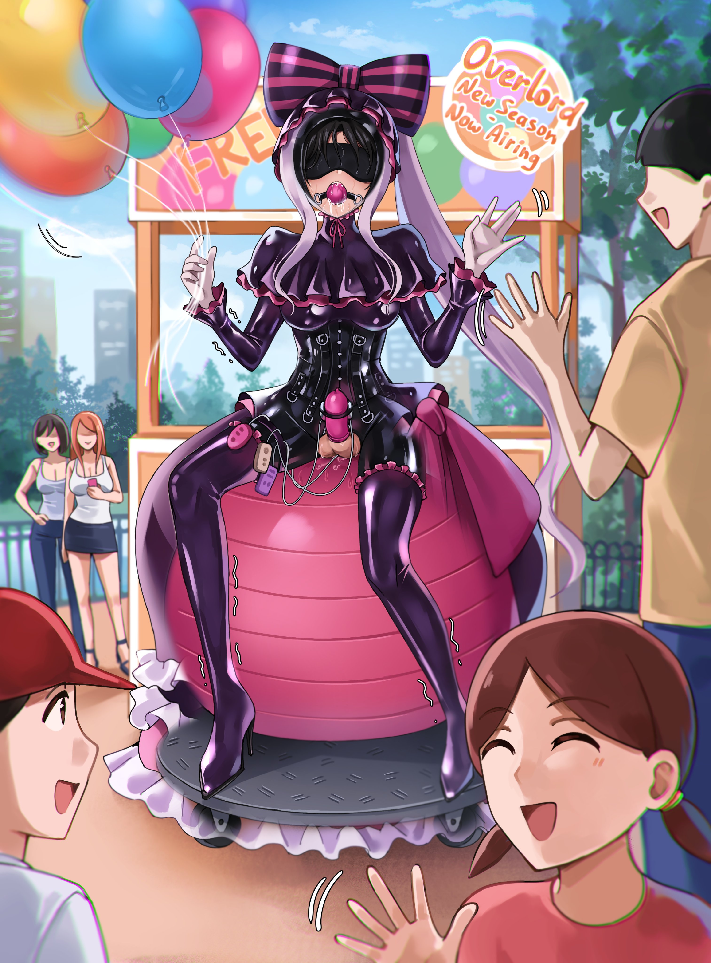 elisabetlis, shalltear bloodfallen, original, overlord (maruyama), absurdres, commentary, english commentary, highres, 3boys, 3girls, animegao, ball, ball gag, balloon, baseball cap, bdsm, black bodysuit, black corset, black hair, blindfold, bodysuit, bodysuit under clothes, boots, bow, breast padding, brown eyes, brown hair, capelet, closed eyes, corset, cosplay, crossdressing, crossdressing (mtf), denim, dress, drooling, erection, faceless, faceless female, frilled dress, frills, gag, gagged, hair bow, hat, high heels, holding, holding balloon, kigurumi, latex shirt, long hair, looking at another, low twintails, multiple boys, multiple girls, orange hair, ponytail, purple boots, purple dress, purple hair, sex toy, shalltear bloodfallen (cosplay), shiny clothes, skirt, stealth bondage, thigh boots, twintails, very long hair, vibrator, waving, x-ray