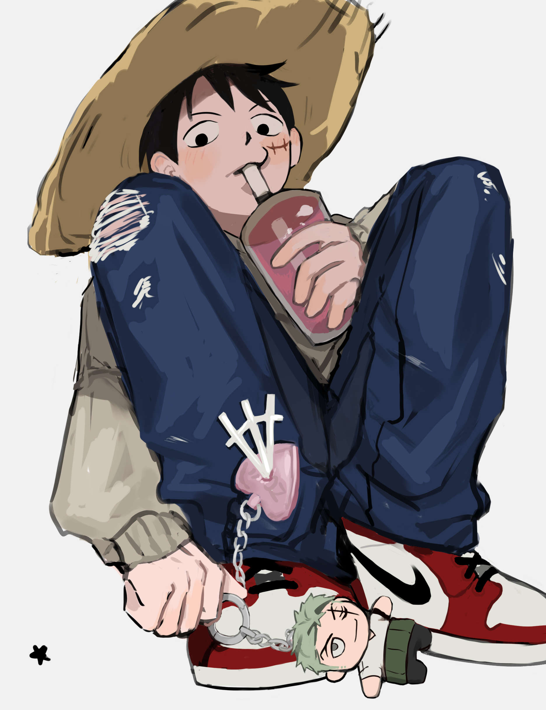 jjerri00, monkey d. luffy, roronoa zoro, nike (company), one piece, absurdres, commentary, highres, symbol-only commentary, 1boy, black eyes, black hair, blue pants, brown hat, character charm, charm (object), cup, drinking straw, facial scar, full body, grey sweater, hat, holding, holding cup, male focus, pants, scar, scar on cheek, scar on face, shoes, short hair, simple background, sitting, sneakers, solo, straw hat, sweater, torn clothes, torn pants, white background